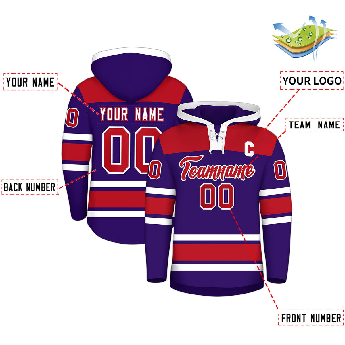 Custom Hockey Hoodie Jersey Purple Red Raglan Sleeves Lace-Up Neck Classic Team Colors Hoodie