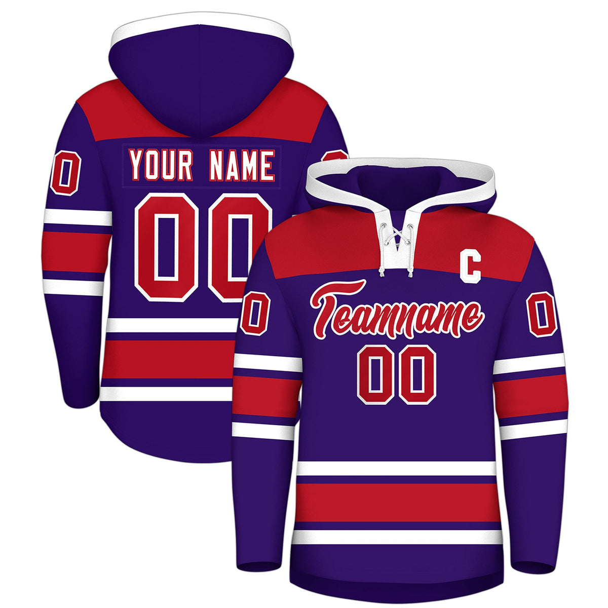 Custom Hockey Hoodie Jersey Purple Red Raglan Sleeves Lace-Up Neck Classic Team Colors Hoodie