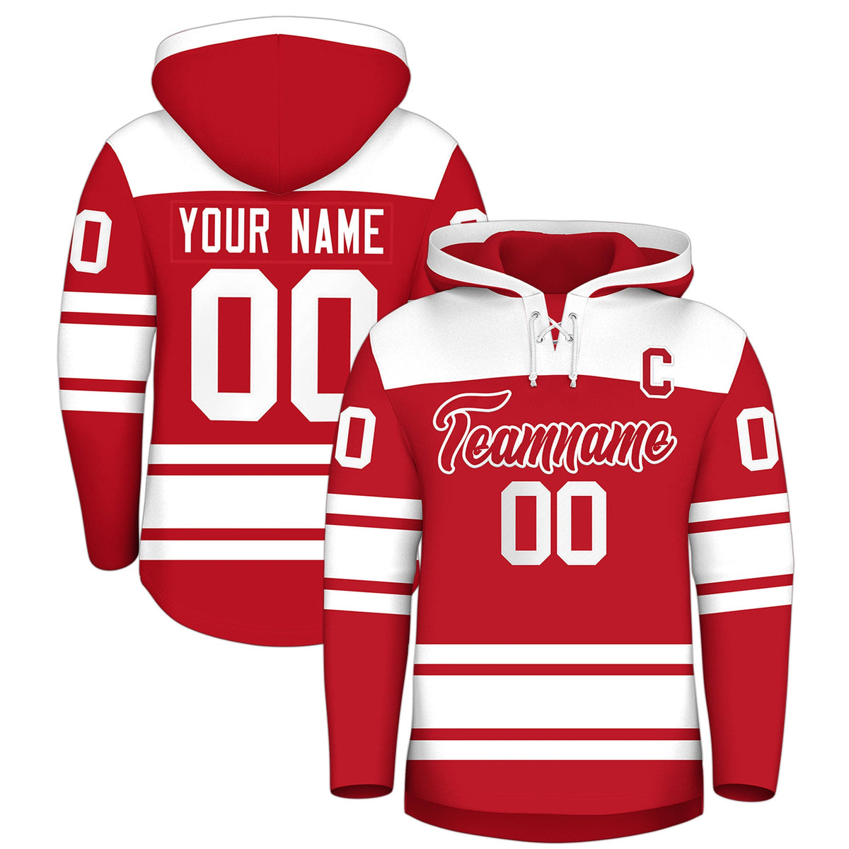 Custom Hockey Hoodie Jersey Red White Raglan Sleeves Lace-Up Neck Personalized Jersey for Men &amp; Youth