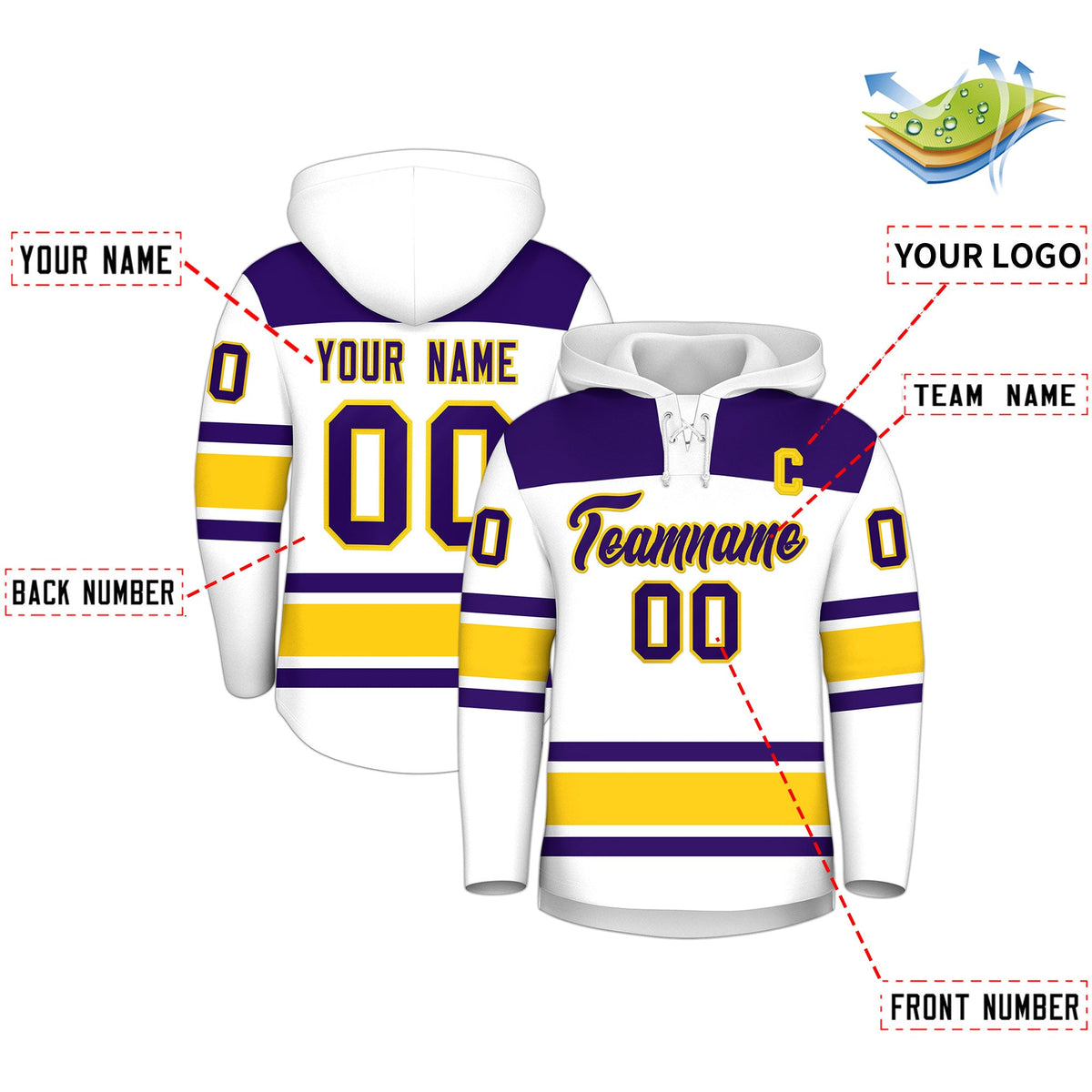 Custom Hockey Hoodie Jersey White Gold Raglan Sleeves Lace-Up Neck Personal Name &amp; Number &amp; Logo