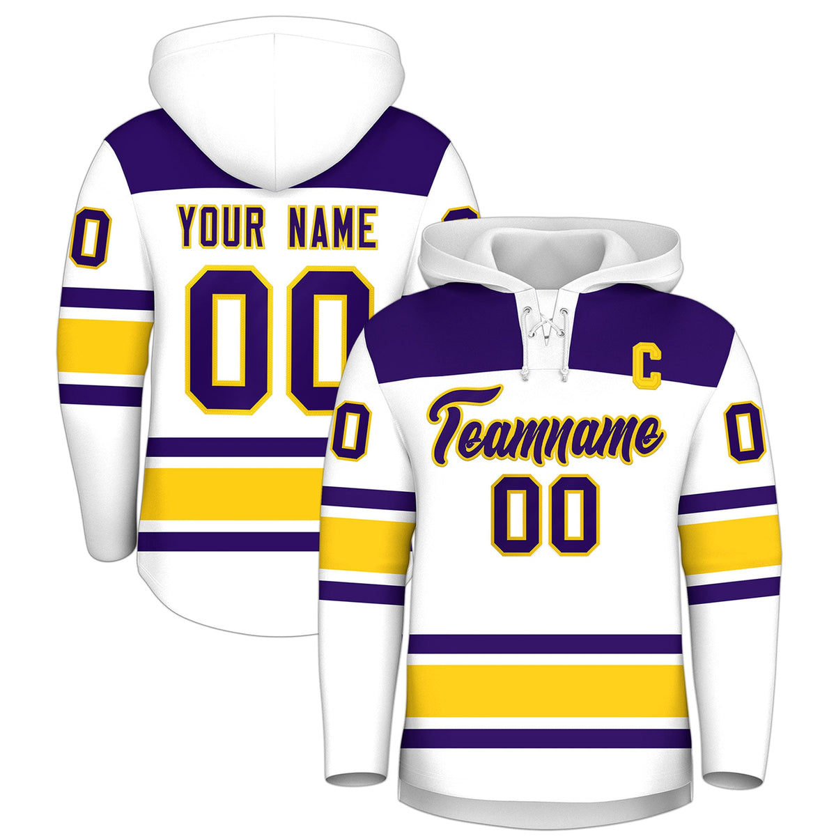 Custom Hockey Hoodie Jersey White Gold Raglan Sleeves Lace-Up Neck Personal Name &amp; Number &amp; Logo