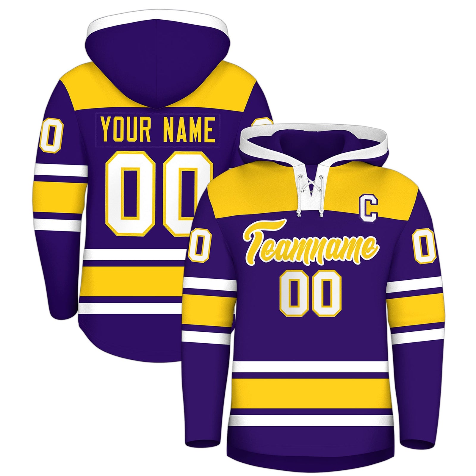 Custom Hockey Hoodie Jersey Purple Gold Raglan Sleeves Lace-Up Neck Personalized Jersey for Men & Youth