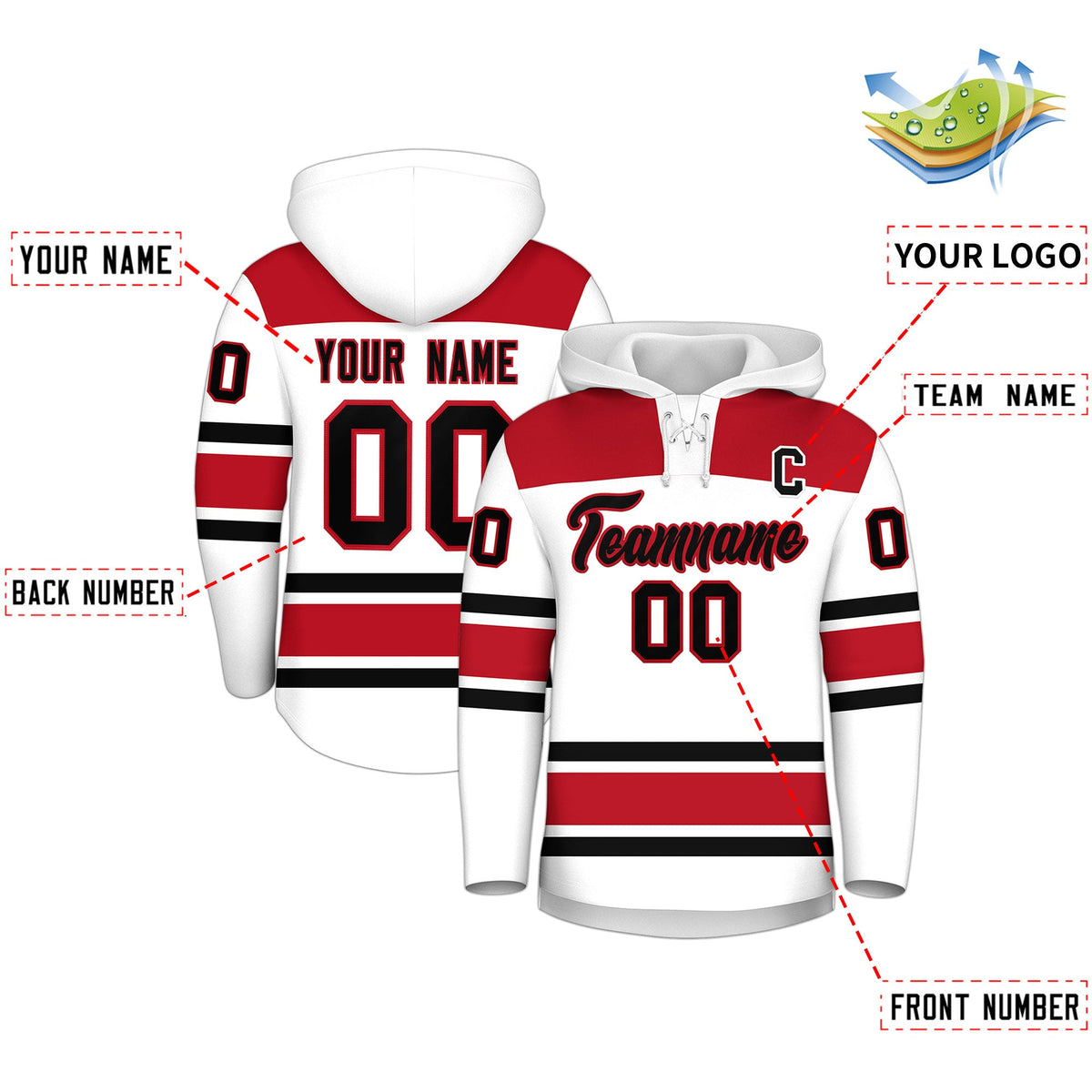 Custom Hockey Hoodie Jersey White Red Raglan Sleeves Lace-Up Neck Classic Team Colors Hoodie