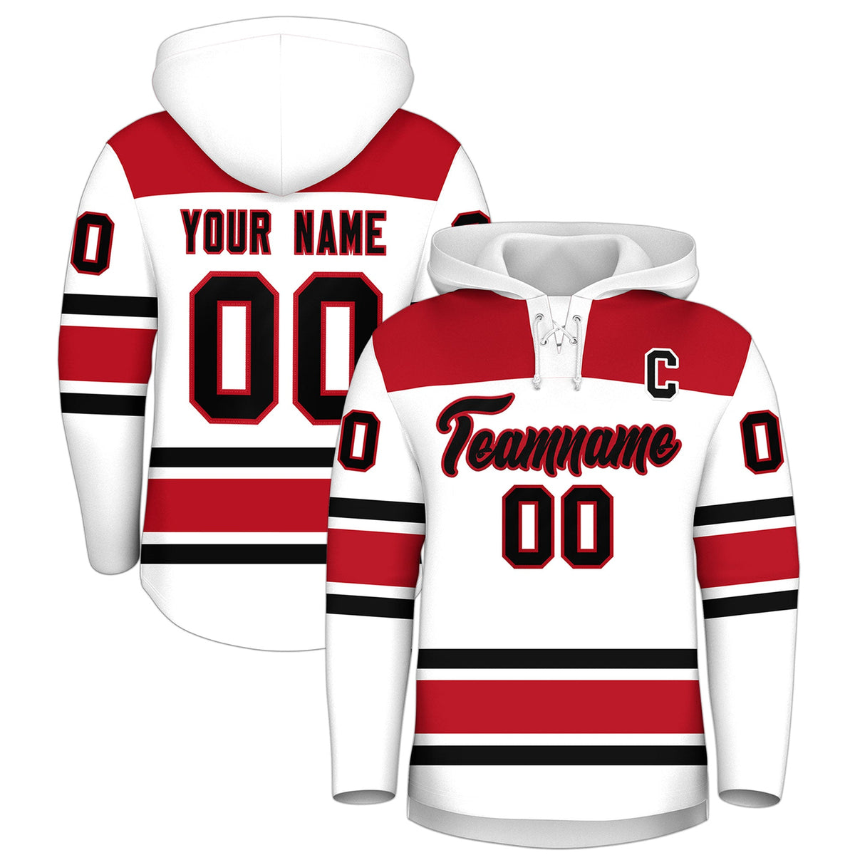 Custom Hockey Hoodie Jersey White Red Raglan Sleeves Lace-Up Neck Classic Team Colors Hoodie