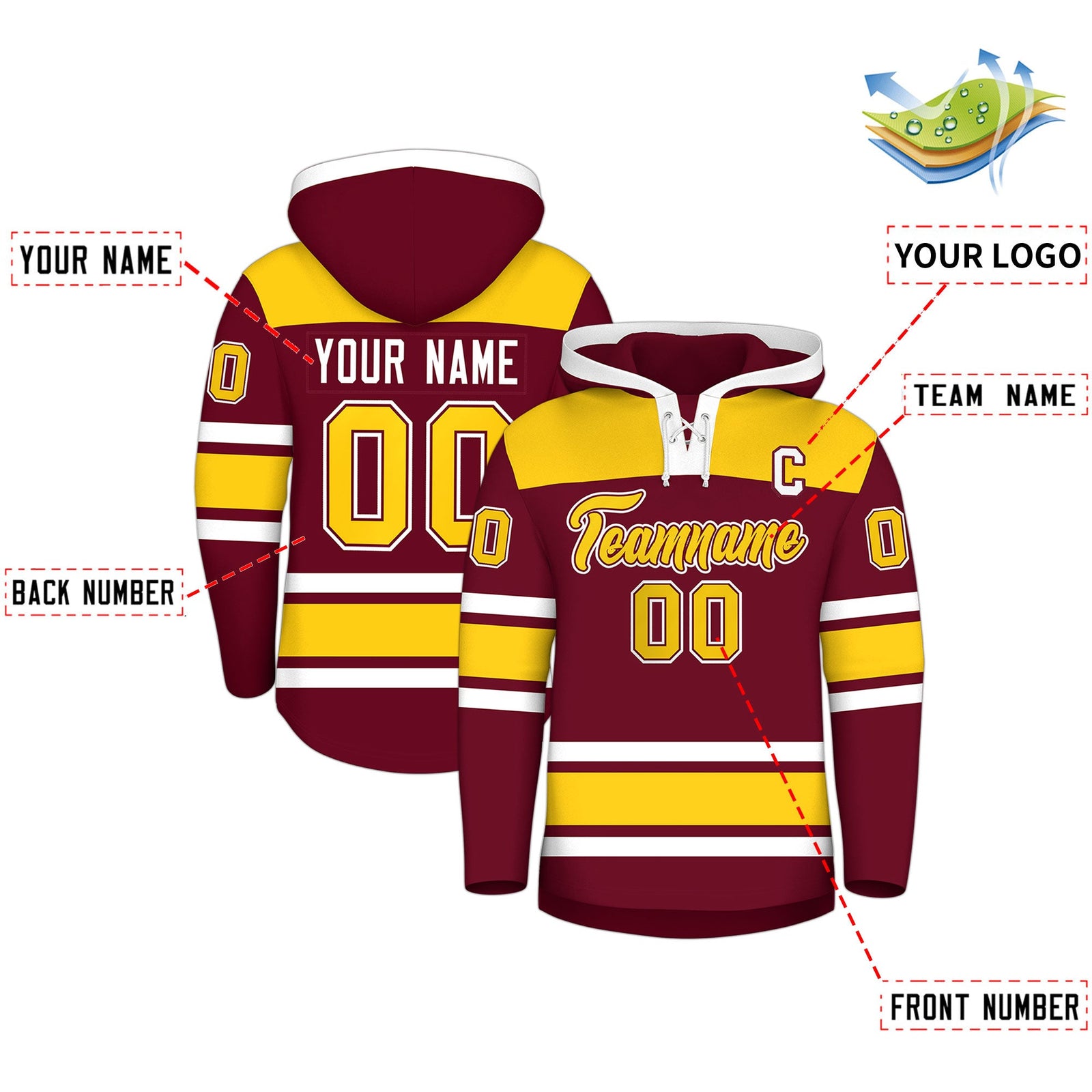 Custom Hockey Hoodie Jersey Crimson Gold Raglan Sleeves Lace-Up Neck Personalized Jersey for Men & Youth