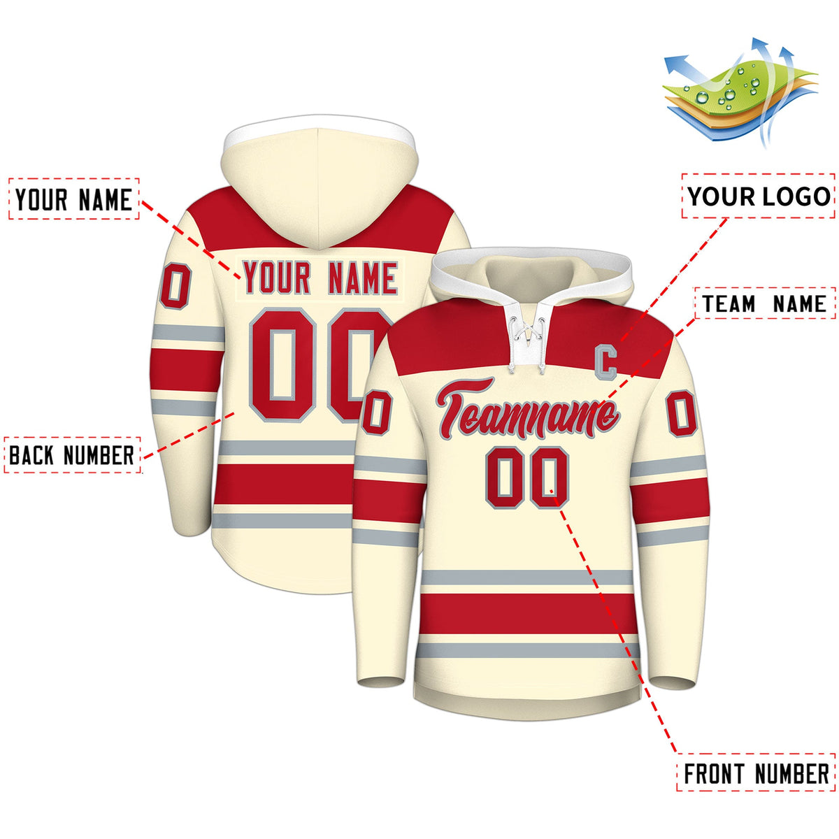 Custom Hockey Hoodie Jersey Cream Red Raglan Sleeves Lace-Up Neck Personal Name &amp; Number &amp; Logo