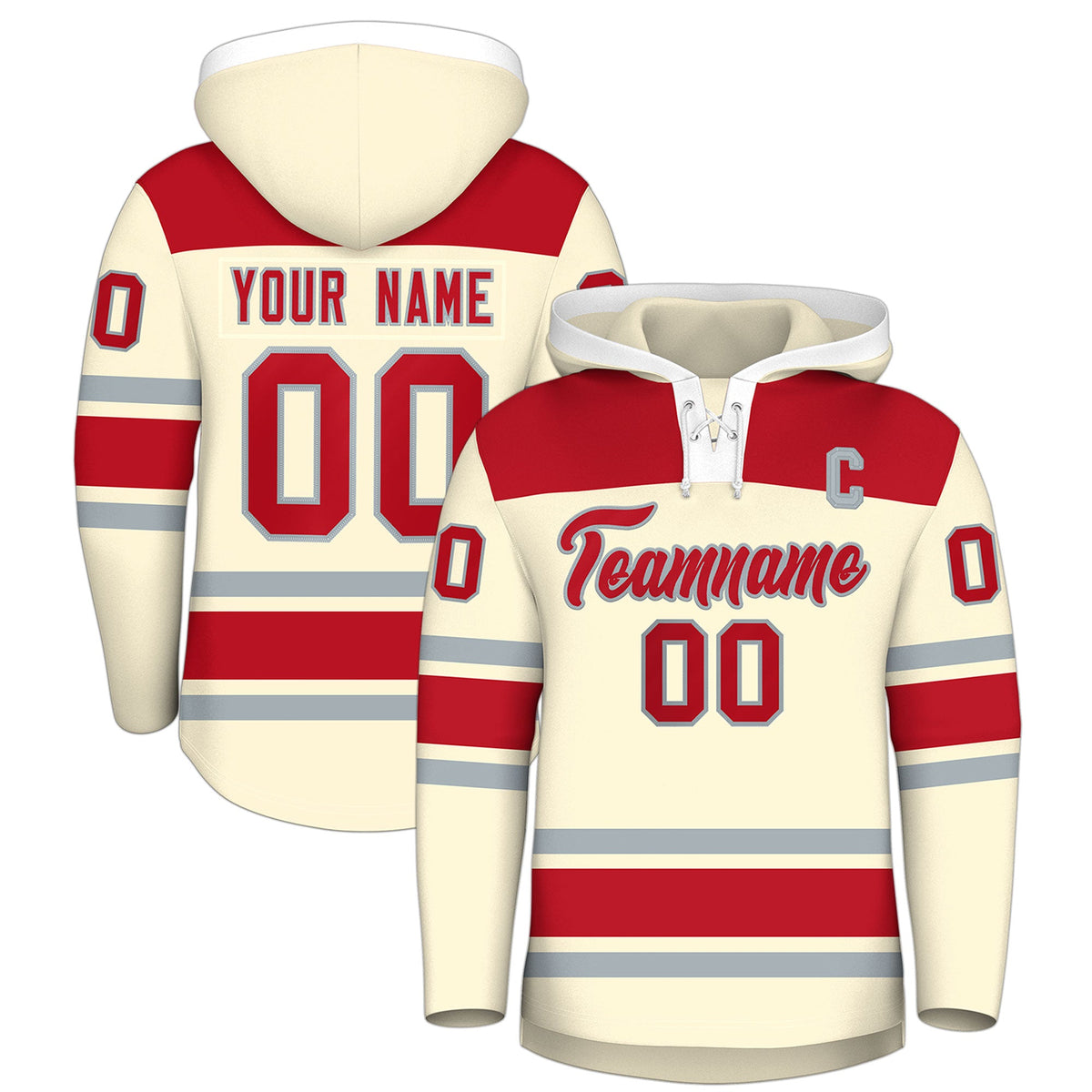 Custom Hockey Hoodie Jersey Cream Red Raglan Sleeves Lace-Up Neck Personal Name &amp; Number &amp; Logo