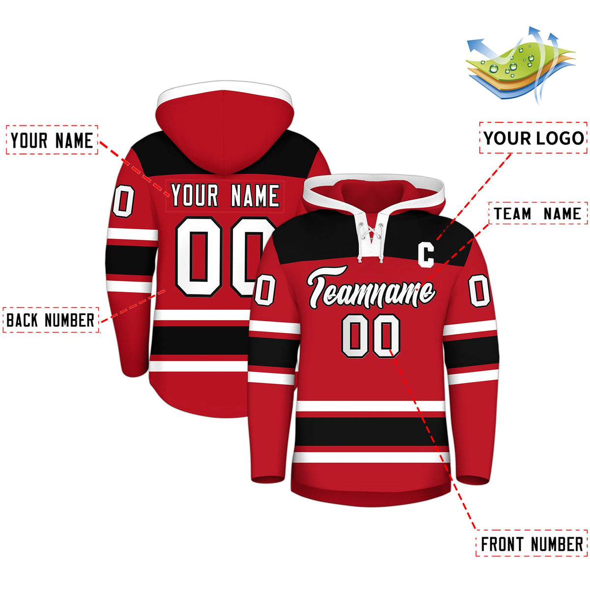 Custom Hockey Hoodie Jersey Red Black Raglan Sleeves Lace-Up Neck Classic Team Colors Hoodie