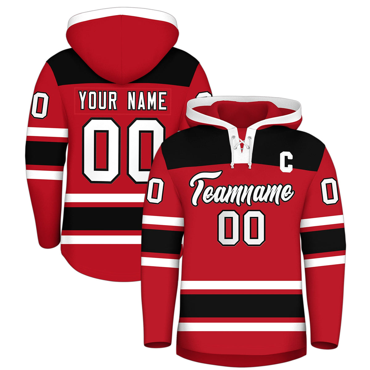 Custom Hockey Hoodie Jersey Red Black Raglan Sleeves Lace-Up Neck Classic Team Colors Hoodie