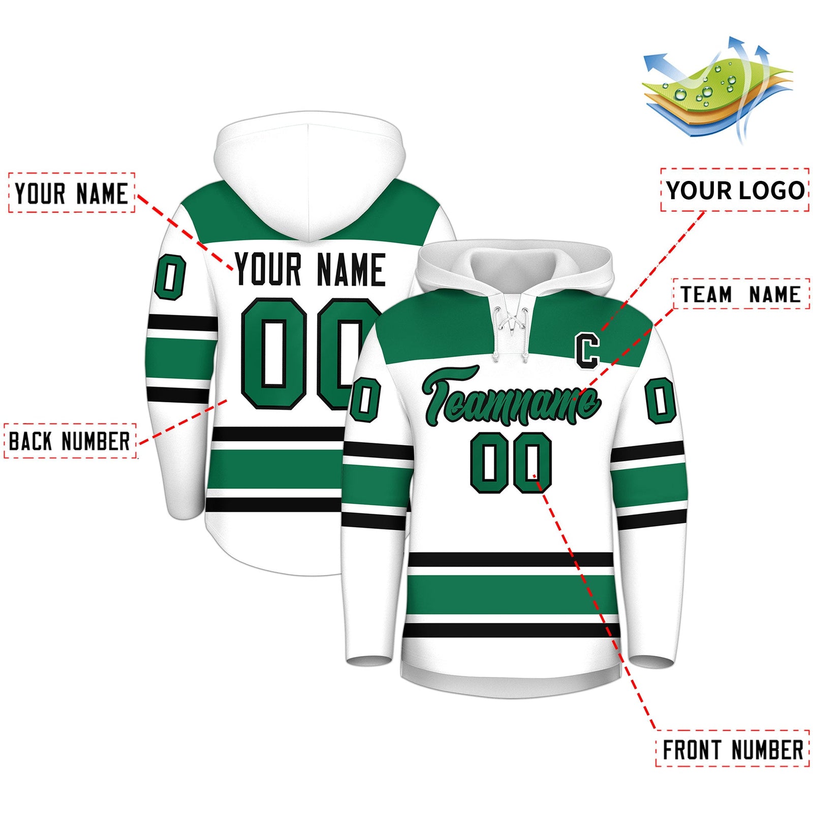 Custom Hockey Hoodie Jersey White Kelly Green Raglan Sleeves Lace-Up Neck Personalized Jersey for Men & Youth