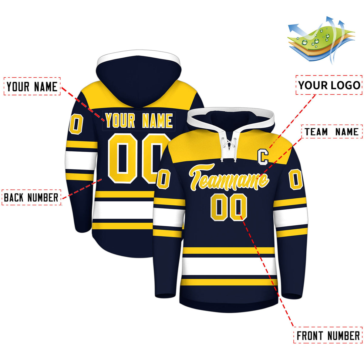 Custom Hockey Hoodie Jersey Navy Gold Raglan Sleeves Lace-Up Neck Personal Name &amp; Number &amp; Logo
