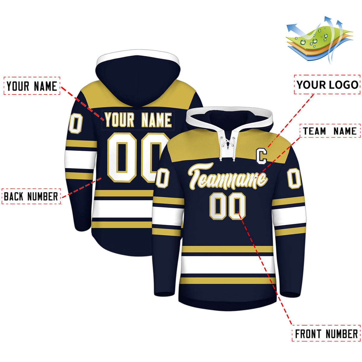 Custom Hockey Hoodie Jersey Navy Old Gold Raglan Sleeves Lace-Up Neck Personalized Jersey for Men &amp; Youth