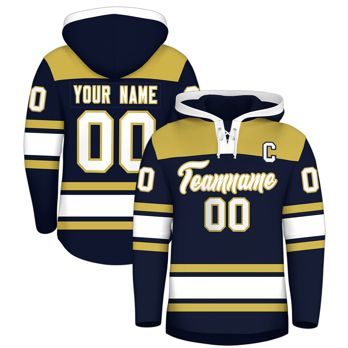 Custom Hockey Hoodie Jersey Navy Old Gold Raglan Sleeves Lace-Up Neck Personalized Jersey for Men &amp; Youth