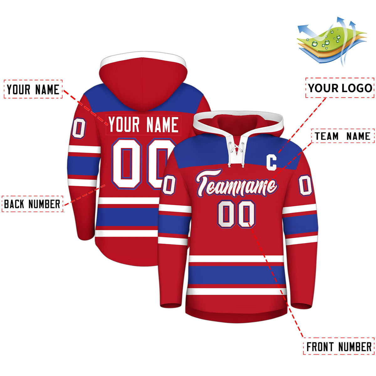 Custom Hockey Hoodie Jersey Red Royal Blue Raglan Sleeves Lace-Up Neck Personalized Jersey for Men &amp; Youth