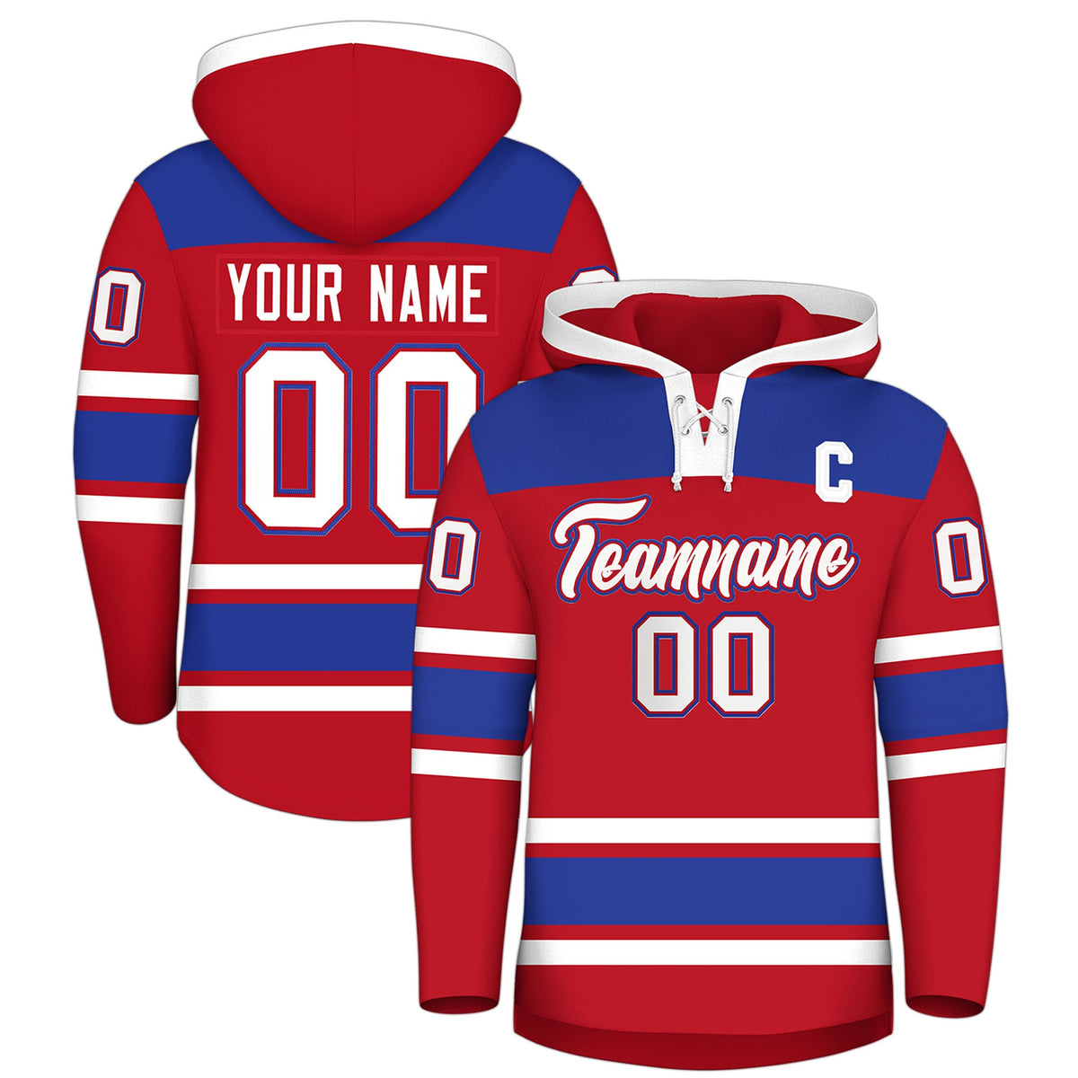 Custom Hockey Hoodie Jersey Red Royal Blue Raglan Sleeves Lace-Up Neck Personalized Jersey for Men &amp; Youth