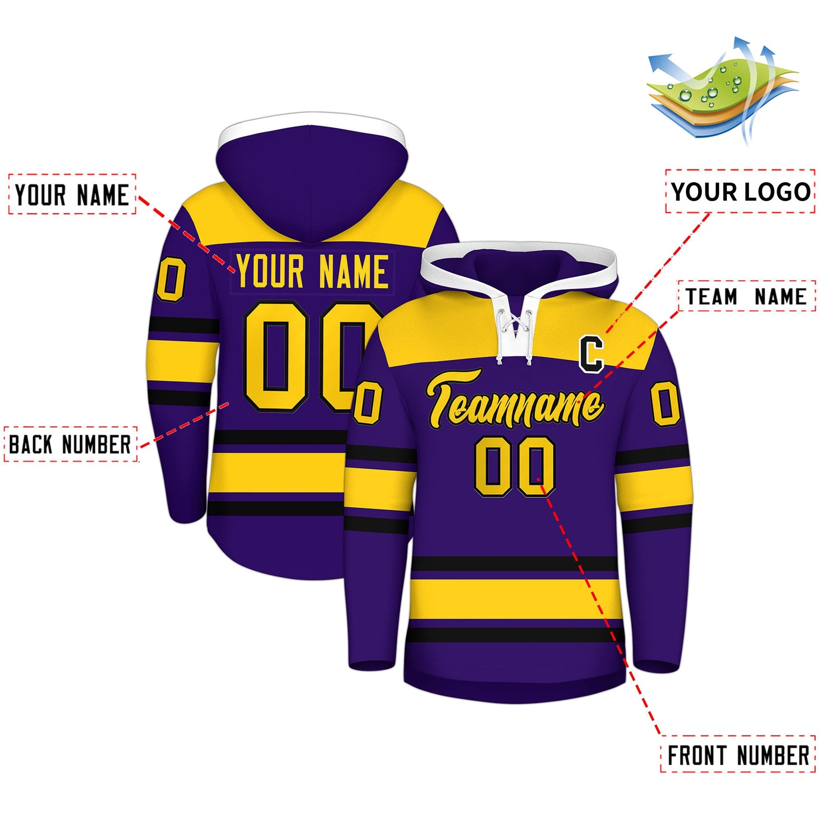 Custom Hockey Hoodie Jersey Purple Gold Raglan Sleeves Lace-Up Neck Personal Name & Number & Logo