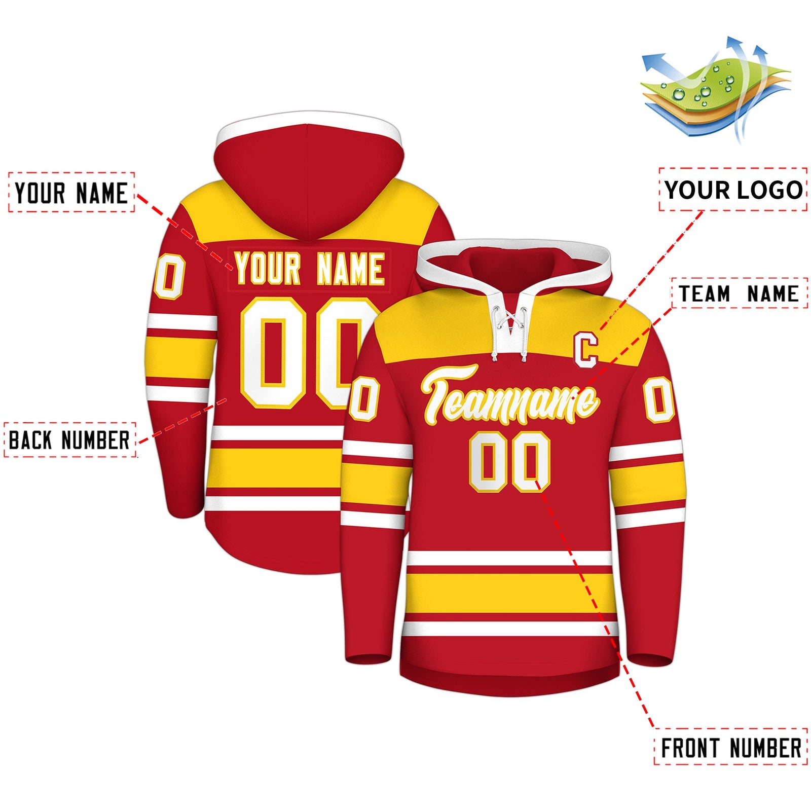 Custom Hockey Hoodie Jersey Red Gold Raglan Sleeves Lace-Up Neck Personalized Jersey for Men & Youth
