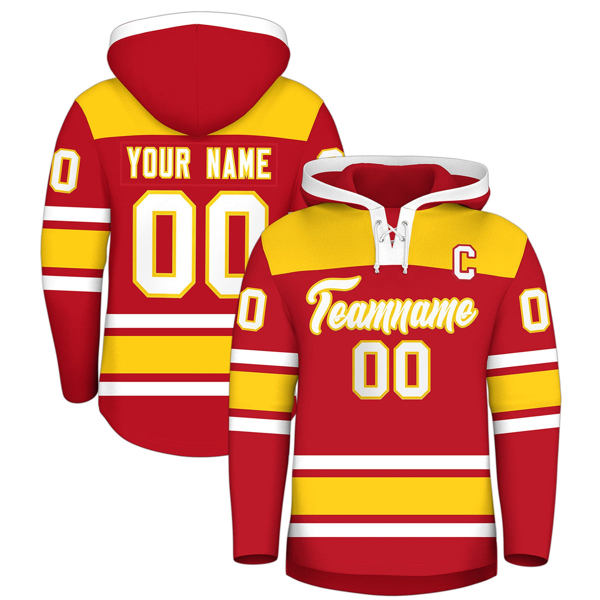 Custom Hockey Hoodie Jersey Red Gold Raglan Sleeves Lace-Up Neck Personalized Jersey for Men &amp; Youth