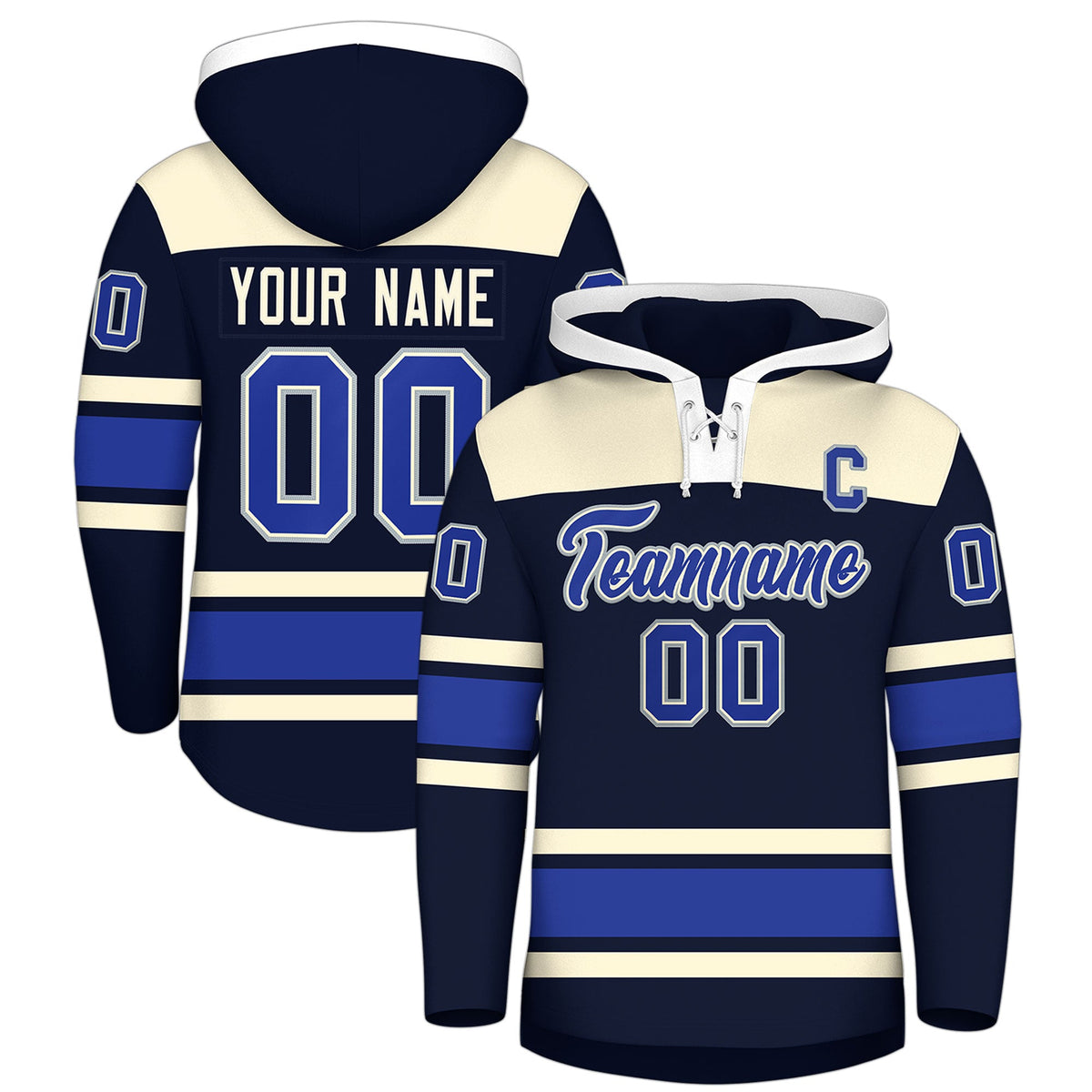 Custom Hockey Hoodie Jersey Navy Cream Raglan Sleeves Lace-Up Neck Personal Name &amp; Number &amp; Logo