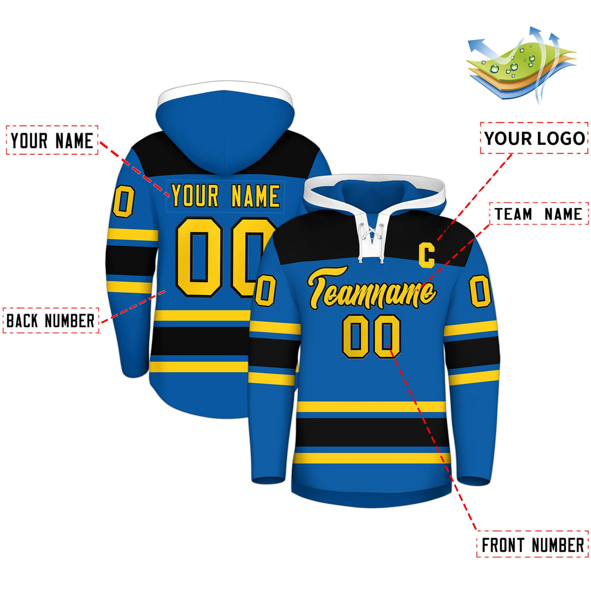 Custom Hockey Hoodie Jersey Royal Black Raglan Sleeves Lace-Up Neck Personalized Jersey for Men &amp; Youth