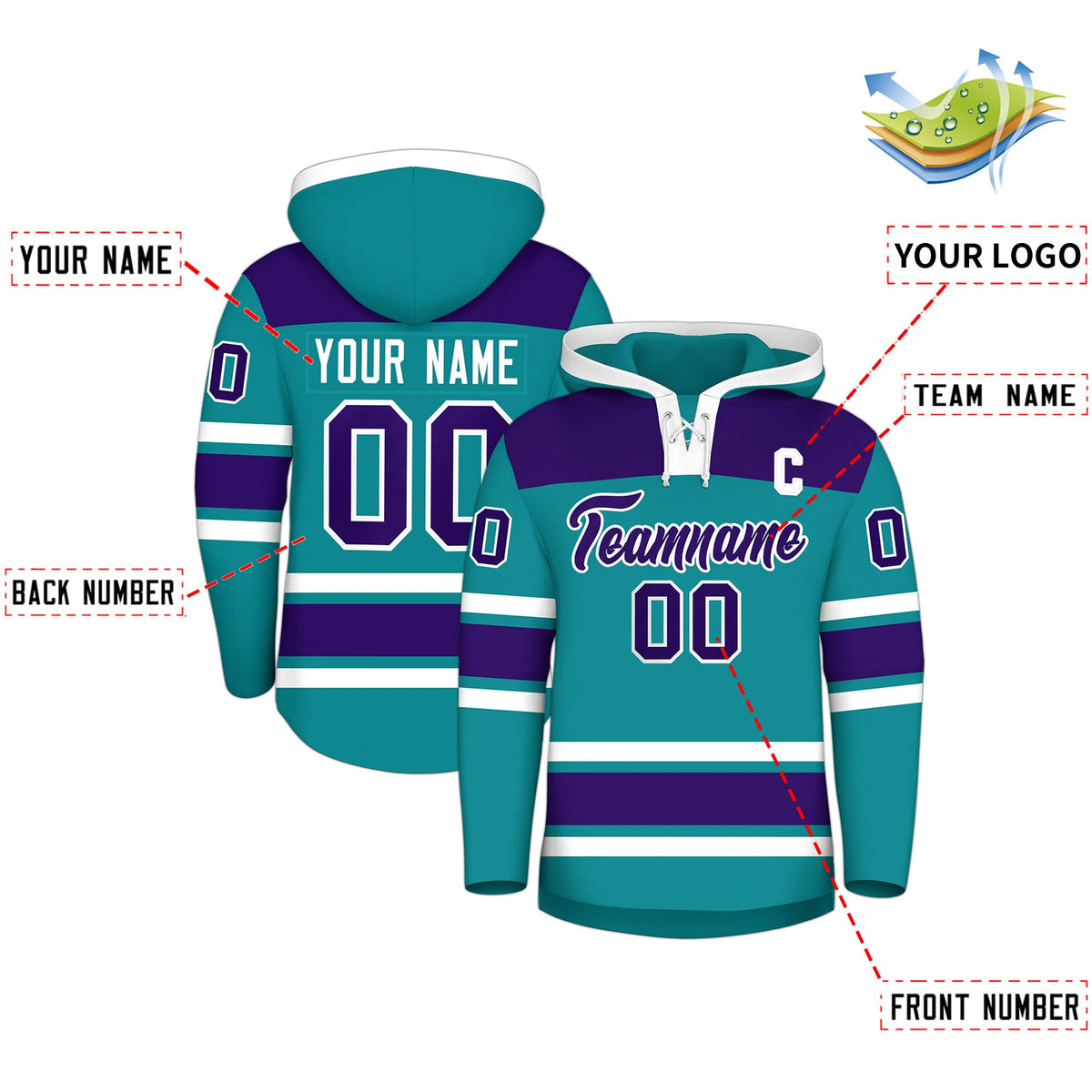 Custom Hockey Hoodie Jersey Teal Purple Raglan Sleeves Lace-Up Neck Classic Team Colors Hoodie