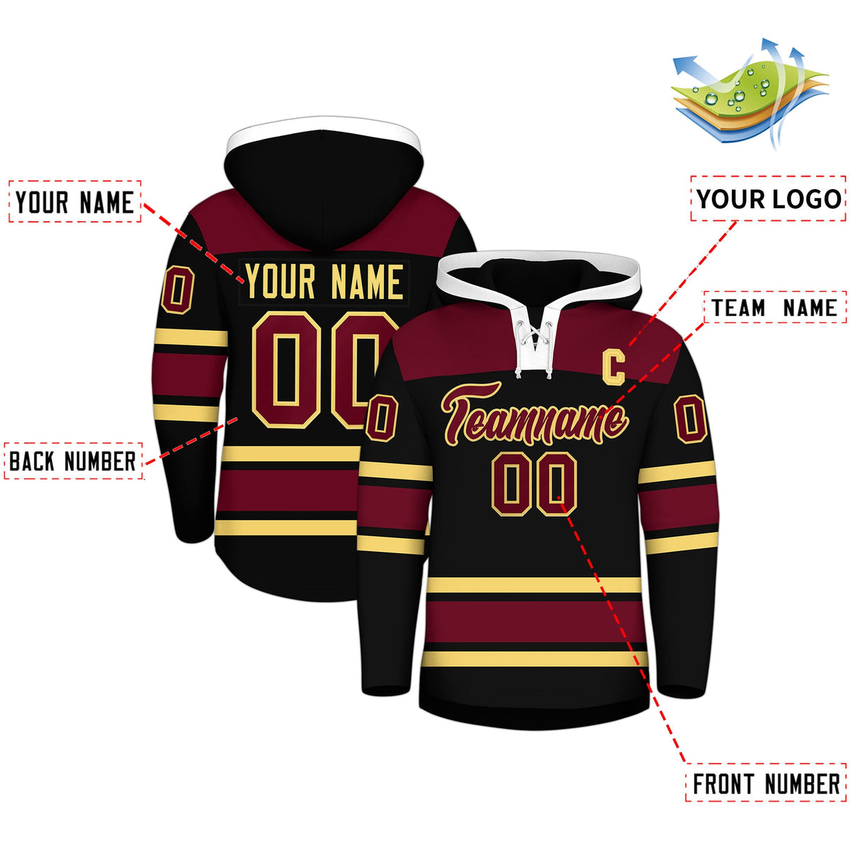 Custom Hockey Hoodie Jersey Black Crimson Raglan Sleeves Lace-Up Neck Personalized Jersey for Men &amp; Youth