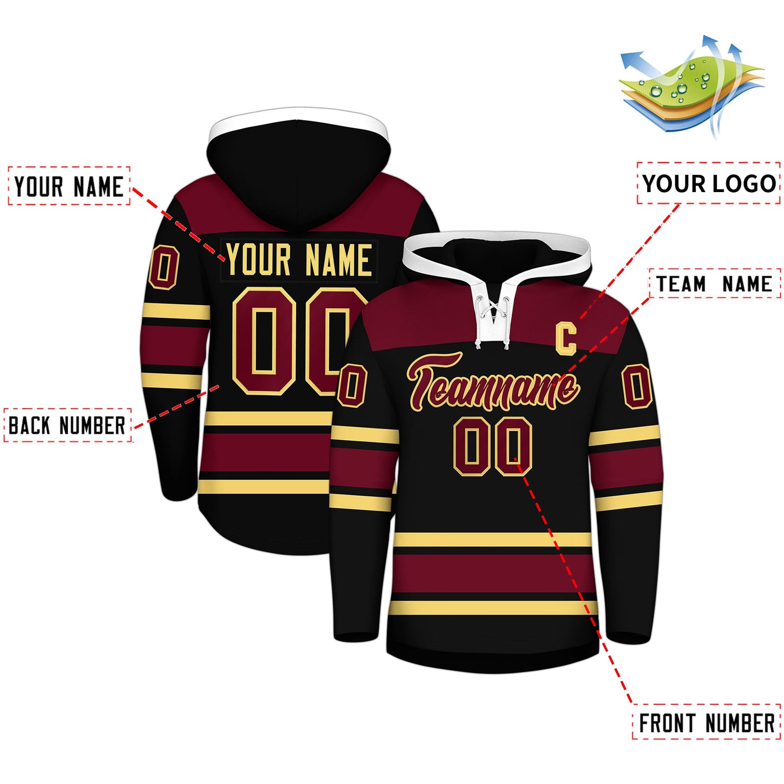 Custom Hockey Hoodie Jersey Black Crimson Raglan Sleeves Lace-Up Neck Personalized Jersey for Men & Youth