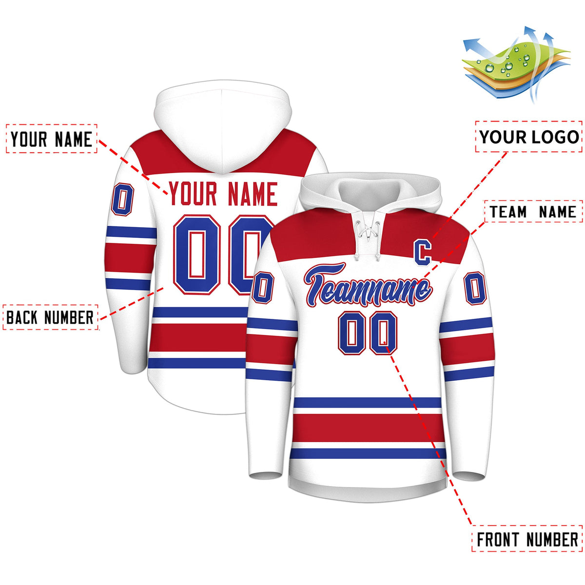 Custom Hockey Hoodie Jersey White Red Raglan Sleeves Lace-Up Neck Classic Team Colors Hoodie
