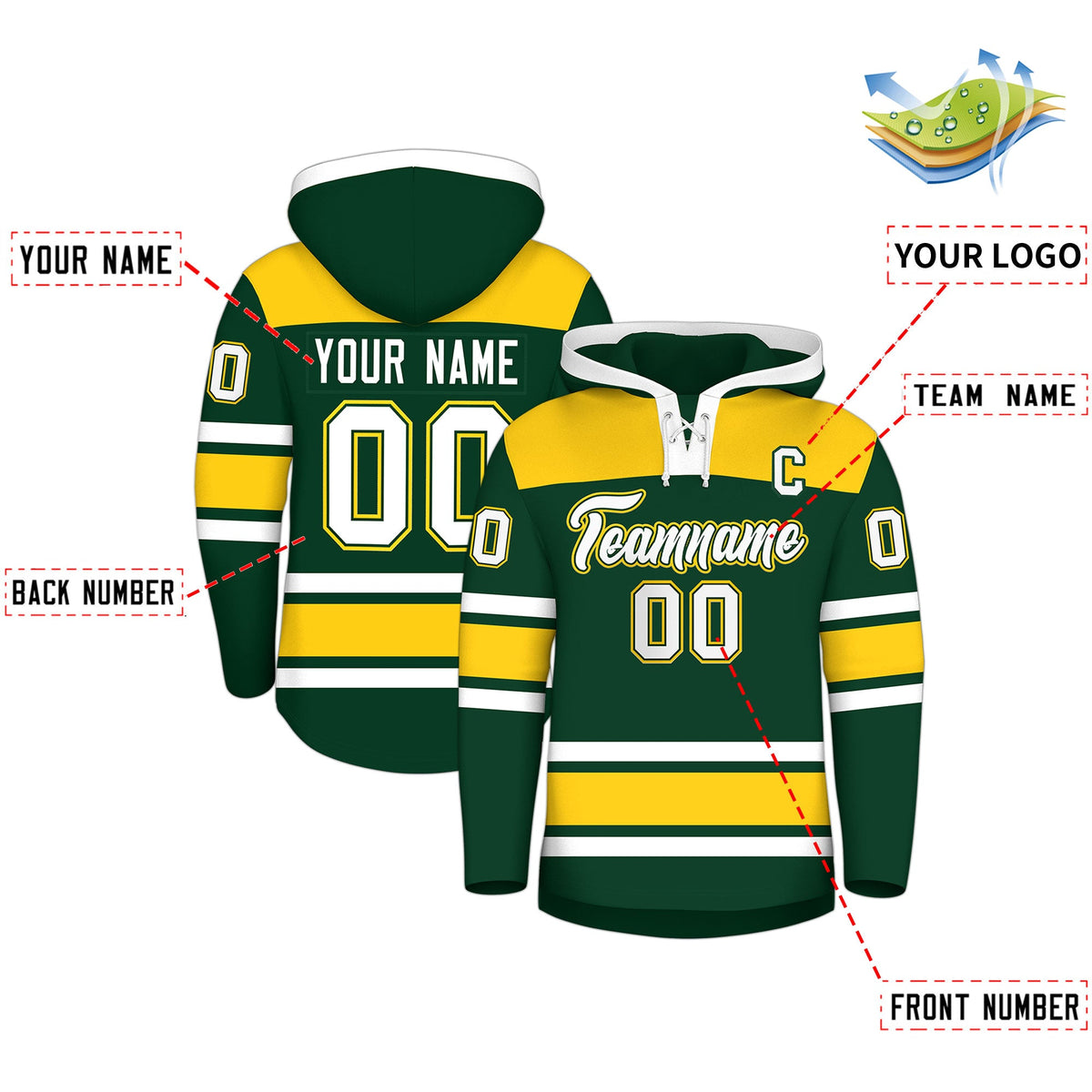 Custom Hockey Hoodie Jersey Green Gold Raglan Sleeves Lace-Up Neck Classic Team Colors Hoodie