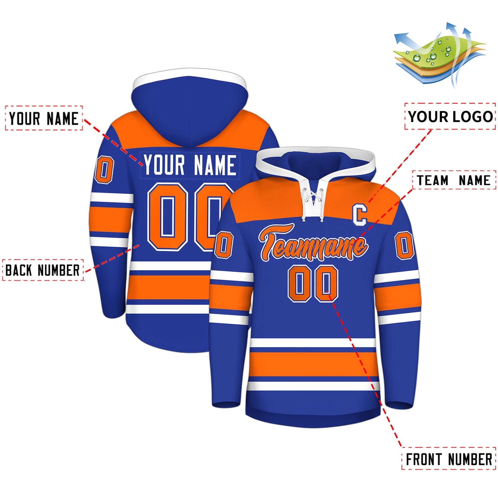 Custom Hockey Hoodie Jersey Royal Blue Orange Raglan Sleeves Lace-Up Neck Personal Name & Number & Logo
