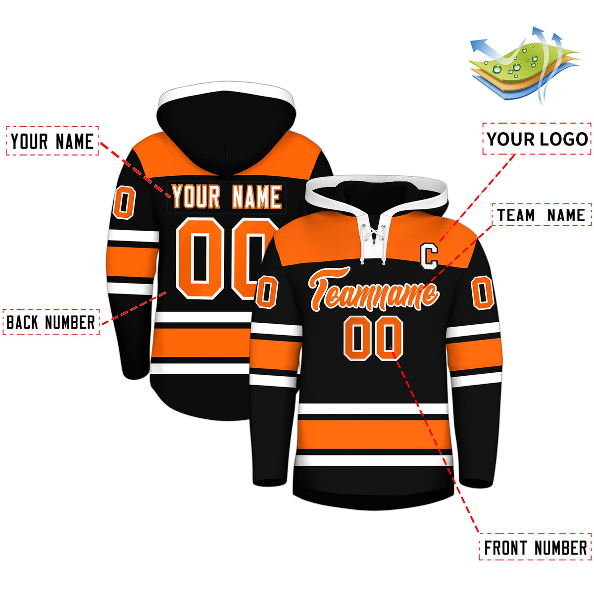 Custom Hockey Hoodie Jersey Black Orange Raglan Sleeves Lace-Up Neck Personalized Jersey for Men &amp; Youth