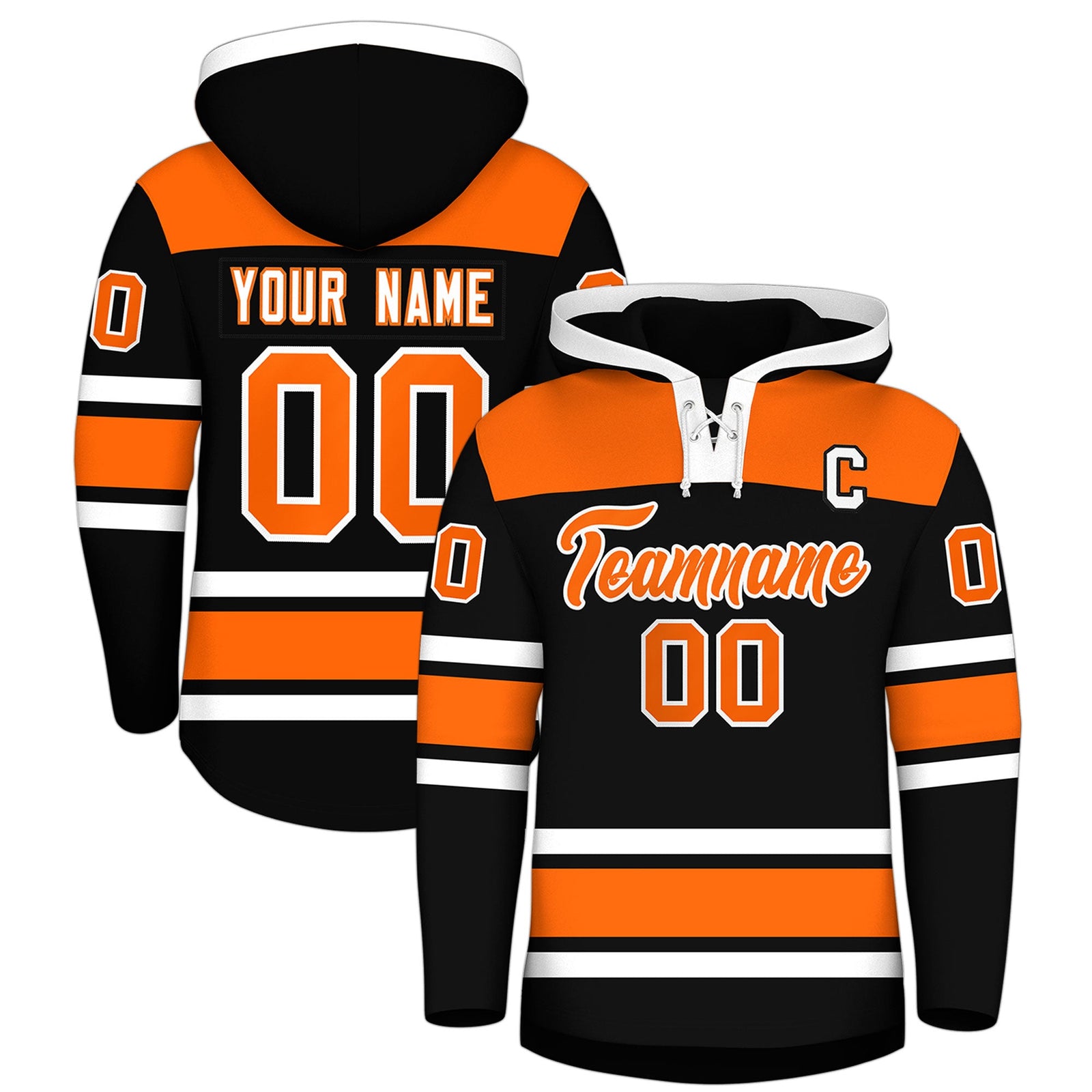 Custom Hockey Hoodie Jersey Black Orange Raglan Sleeves Lace-Up Neck Personalized Jersey for Men & Youth