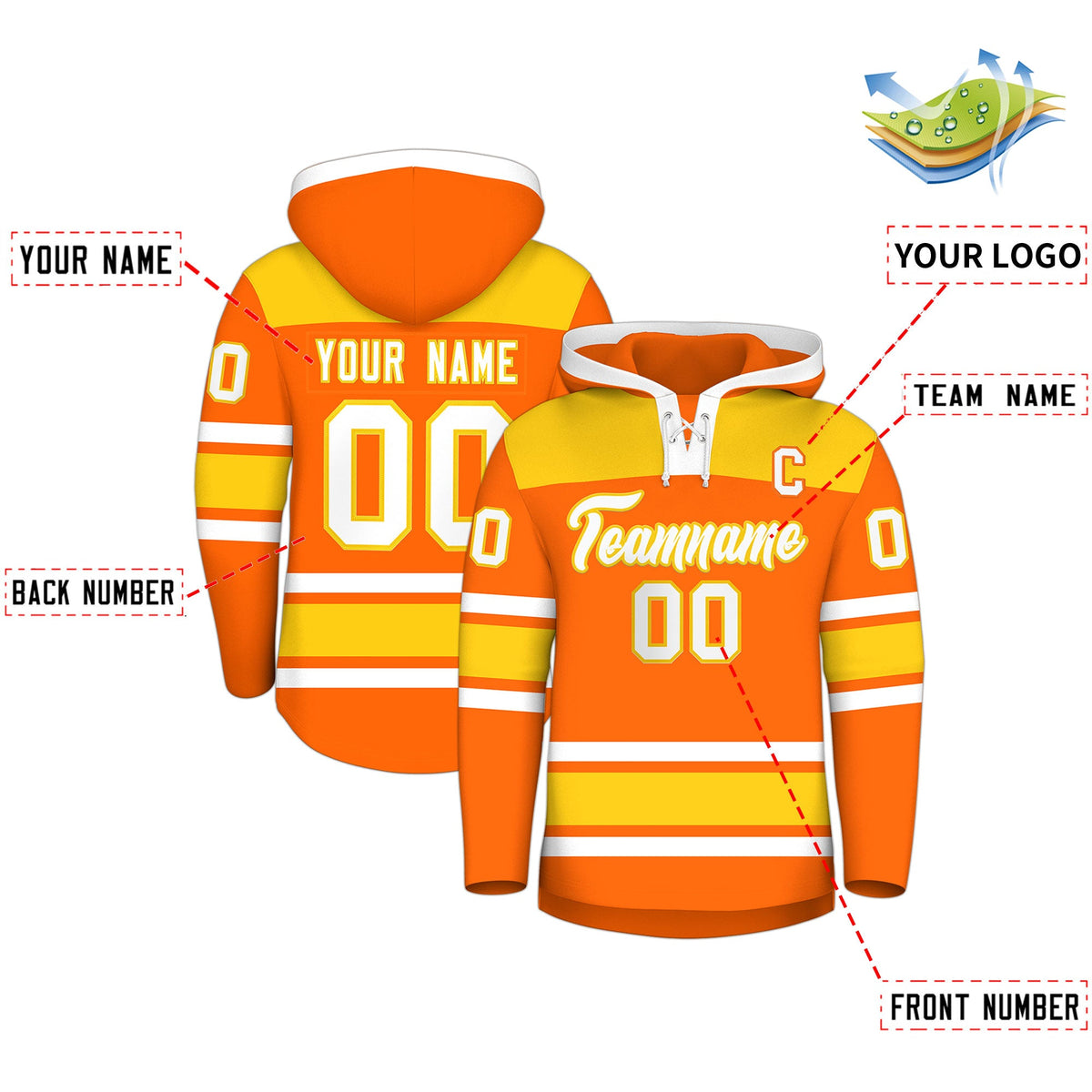 Custom Hockey Hoodie Jersey Orange Gold Raglan Sleeves Lace-Up Neck Personal Name &amp; Number &amp; Logo