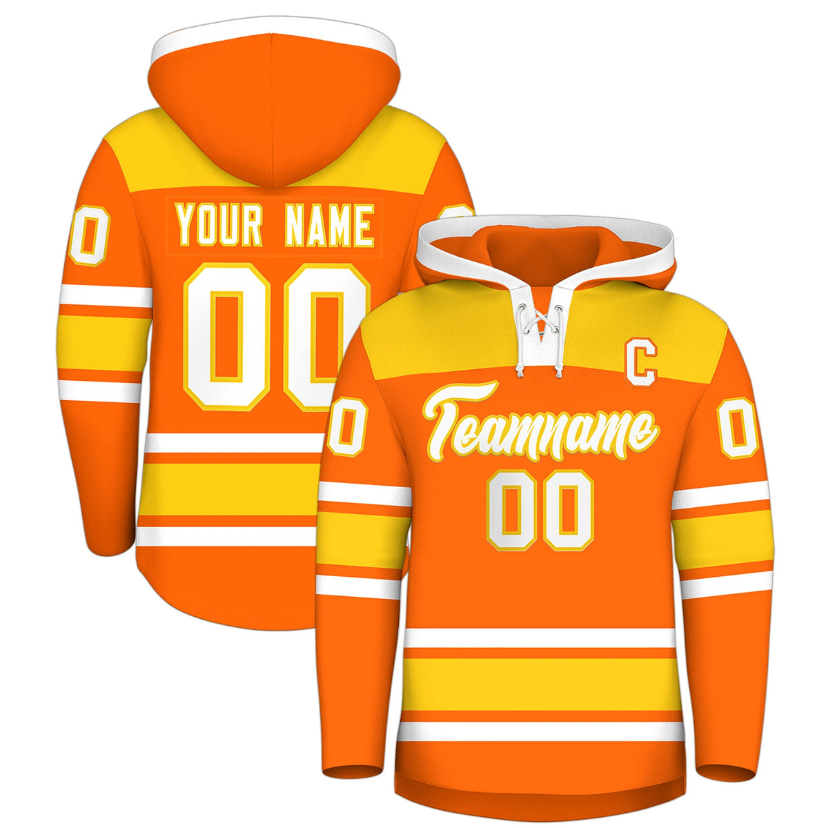 Custom Hockey Hoodie Jersey Orange Gold Raglan Sleeves Lace-Up Neck Personal Name &amp; Number &amp; Logo