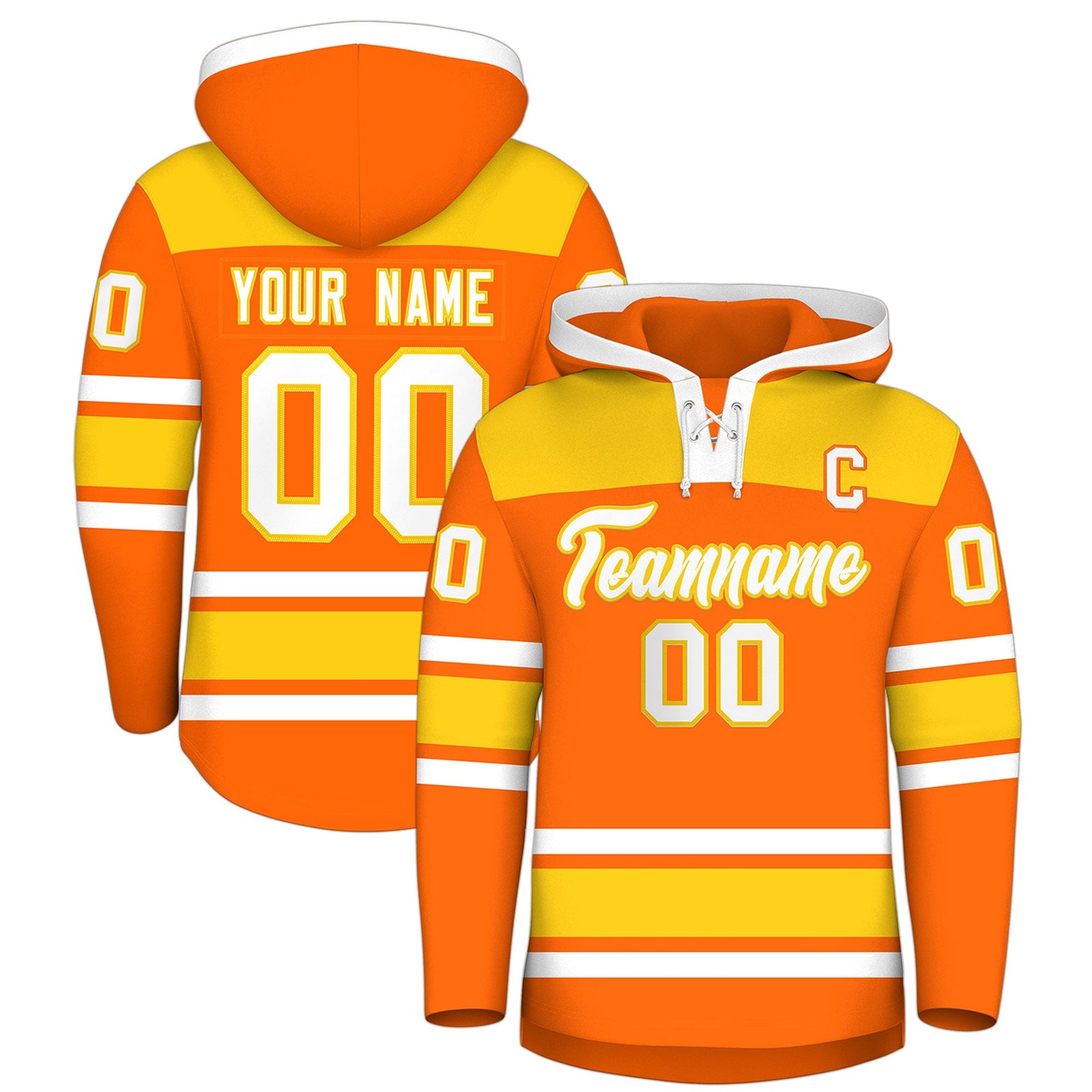 Custom Hockey Hoodie Jersey Orange Gold Raglan Sleeves Lace-Up Neck Personal Name & Number & Logo