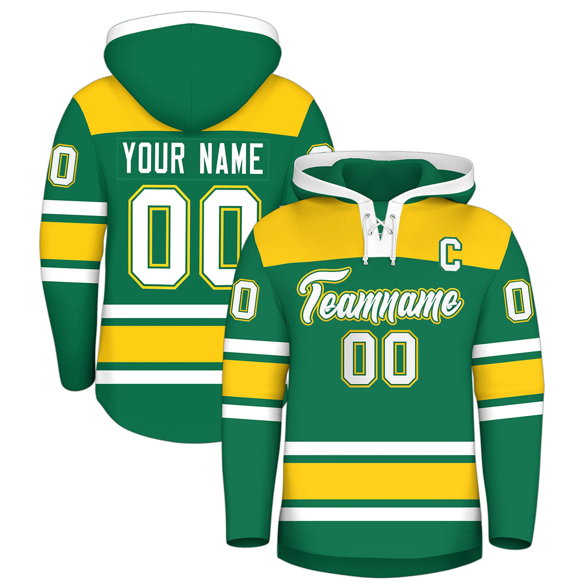 Custom Hockey Hoodie Jersey Kelly Green Gold Raglan Sleeves Lace-Up Neck Personalized Jersey for Men &amp; Youth