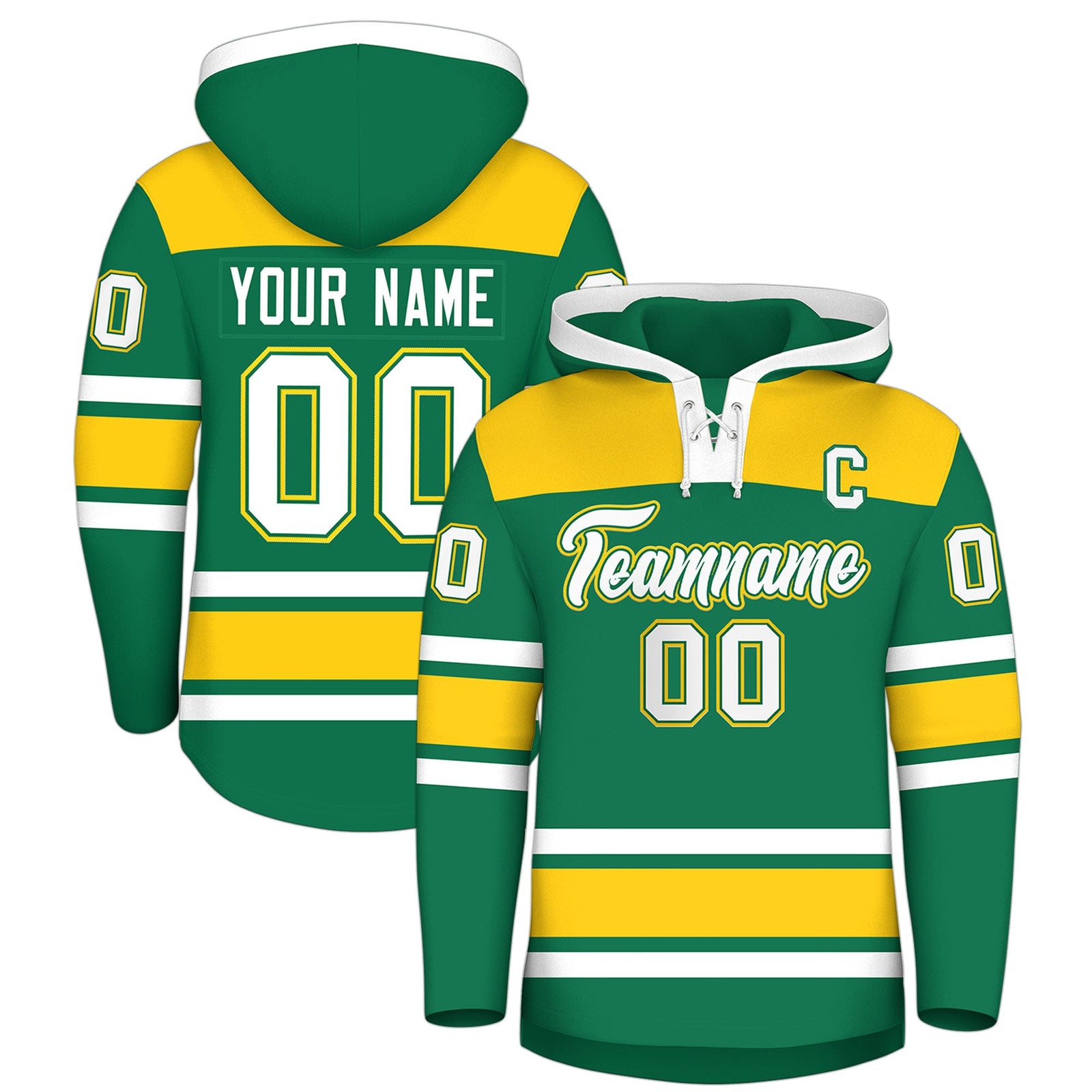 Custom Hockey Hoodie Jersey Kelly Green Gold Raglan Sleeves Lace-Up Neck Personalized Jersey for Men & Youth