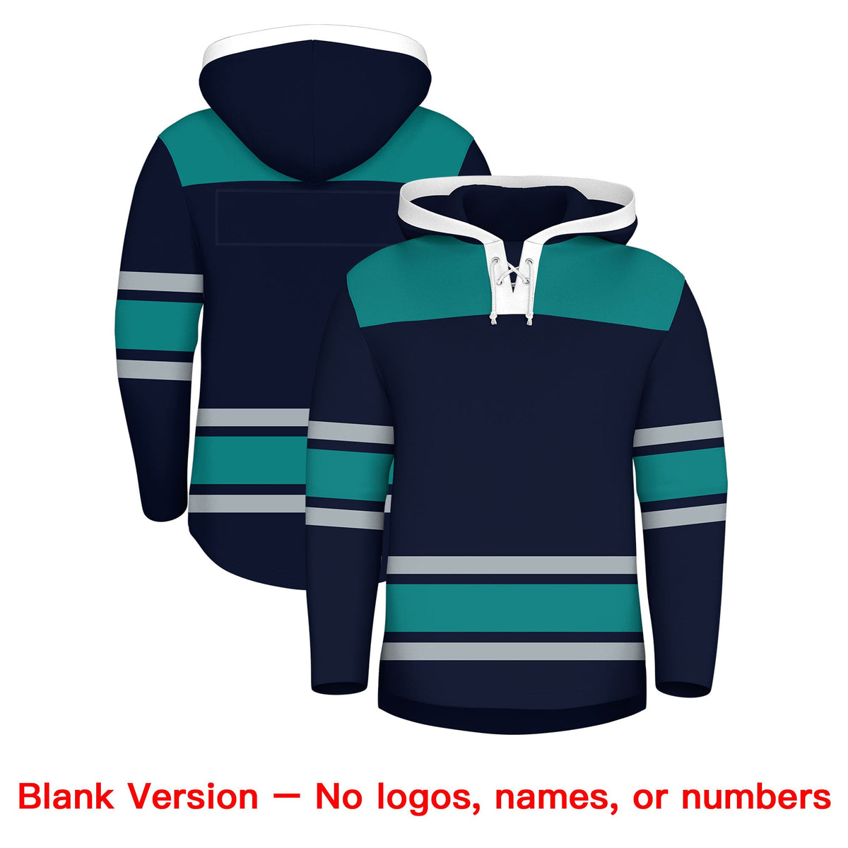 Custom Hockey Hoodie Jersey Navy Teal Raglan Sleeves Lace-Up Neck Classic Team Colors Hoodie