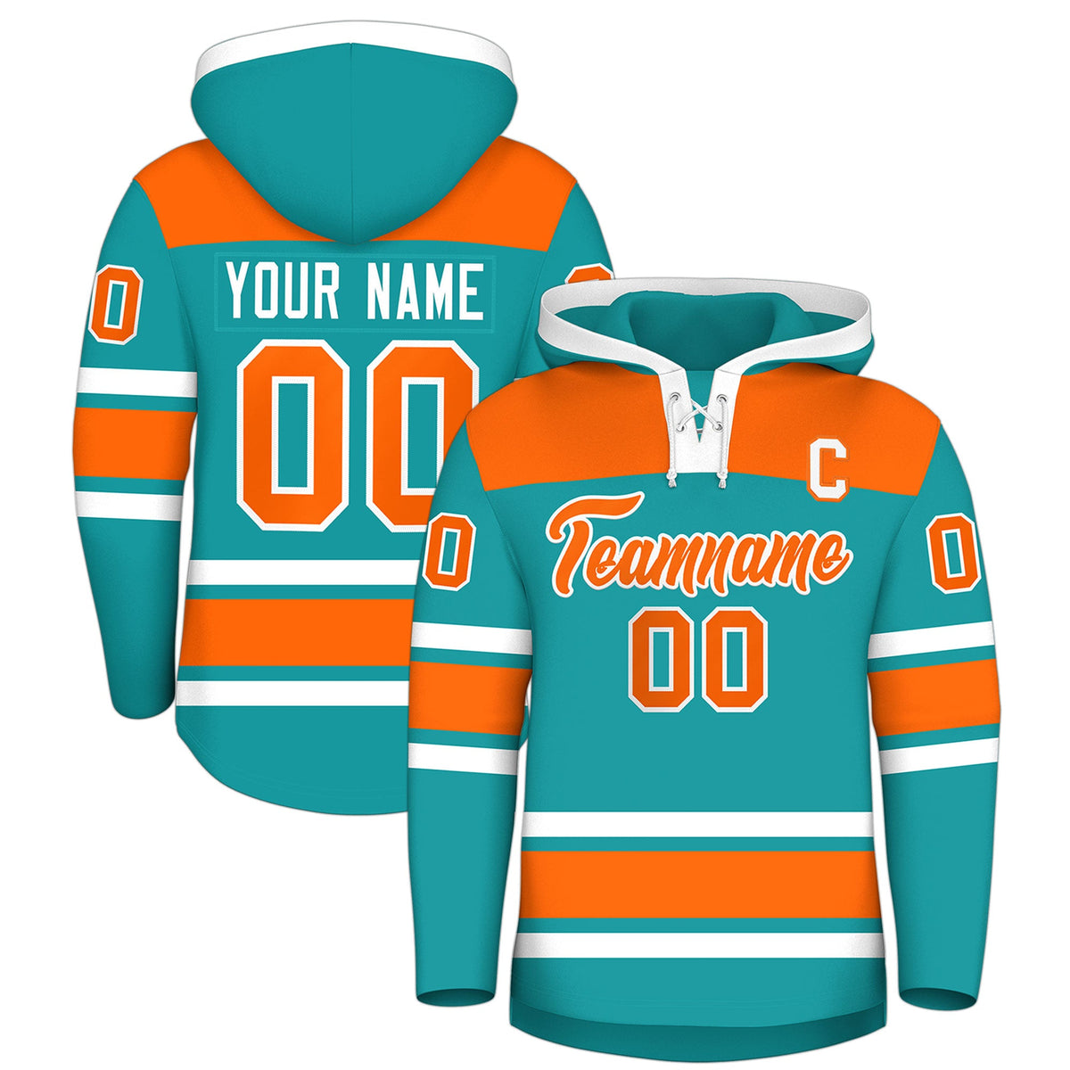 Custom Hockey Hoodie Jersey Aqua Orange Raglan Sleeves Lace-Up Neck Personalized Jersey for Men &amp; Youth