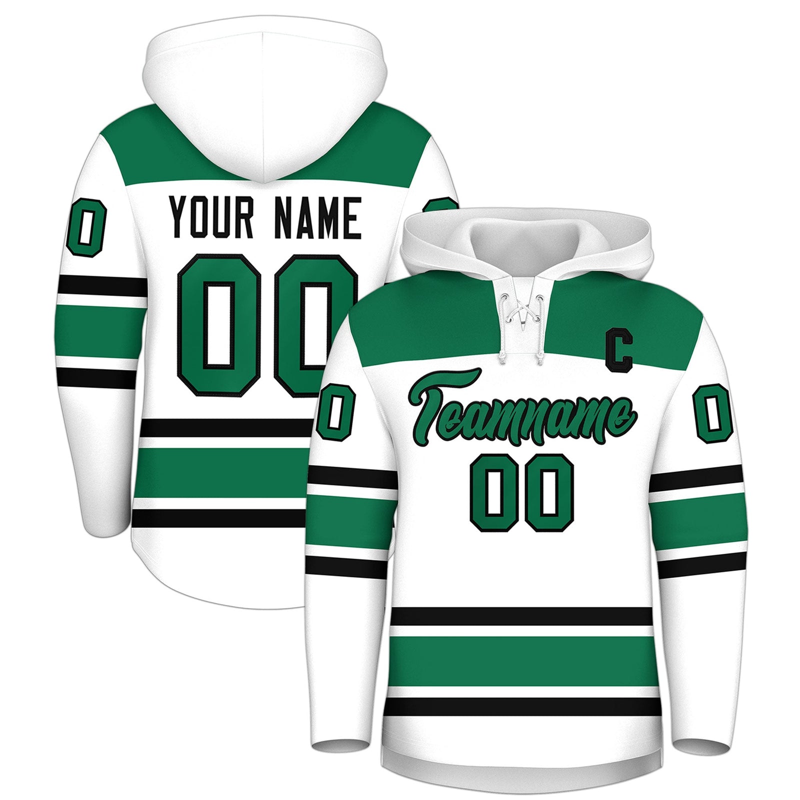 Custom Hockey Hoodie Jersey White Kelly Green Raglan Sleeves Lace-Up Neck Classic Team Colors Hoodie