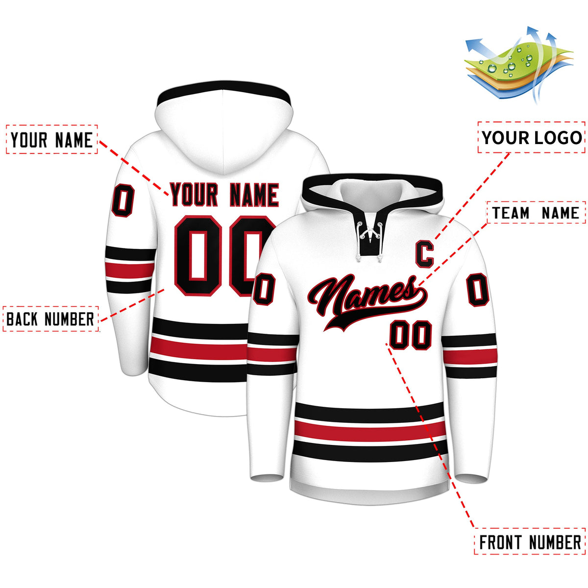 Custom Hockey Hoodie Jersey White Black Classic Style Add Name,Number &amp; Logo