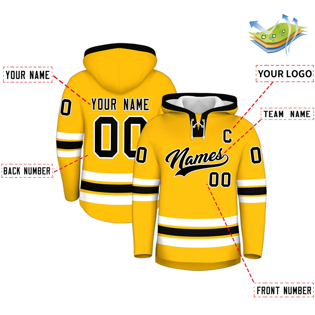 Custom Hockey Hoodie Jersey Gold Black Classic Style Add Name,Number &amp; Logo