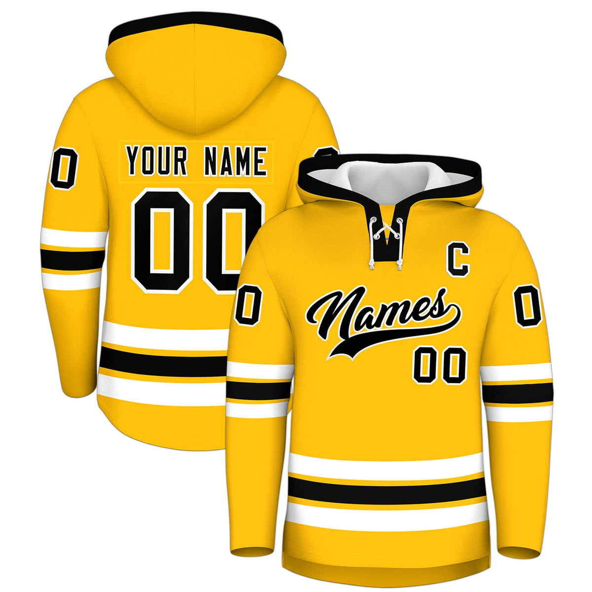 Custom Hockey Hoodie Jersey Gold Black Classic Style Add Name,Number &amp; Logo