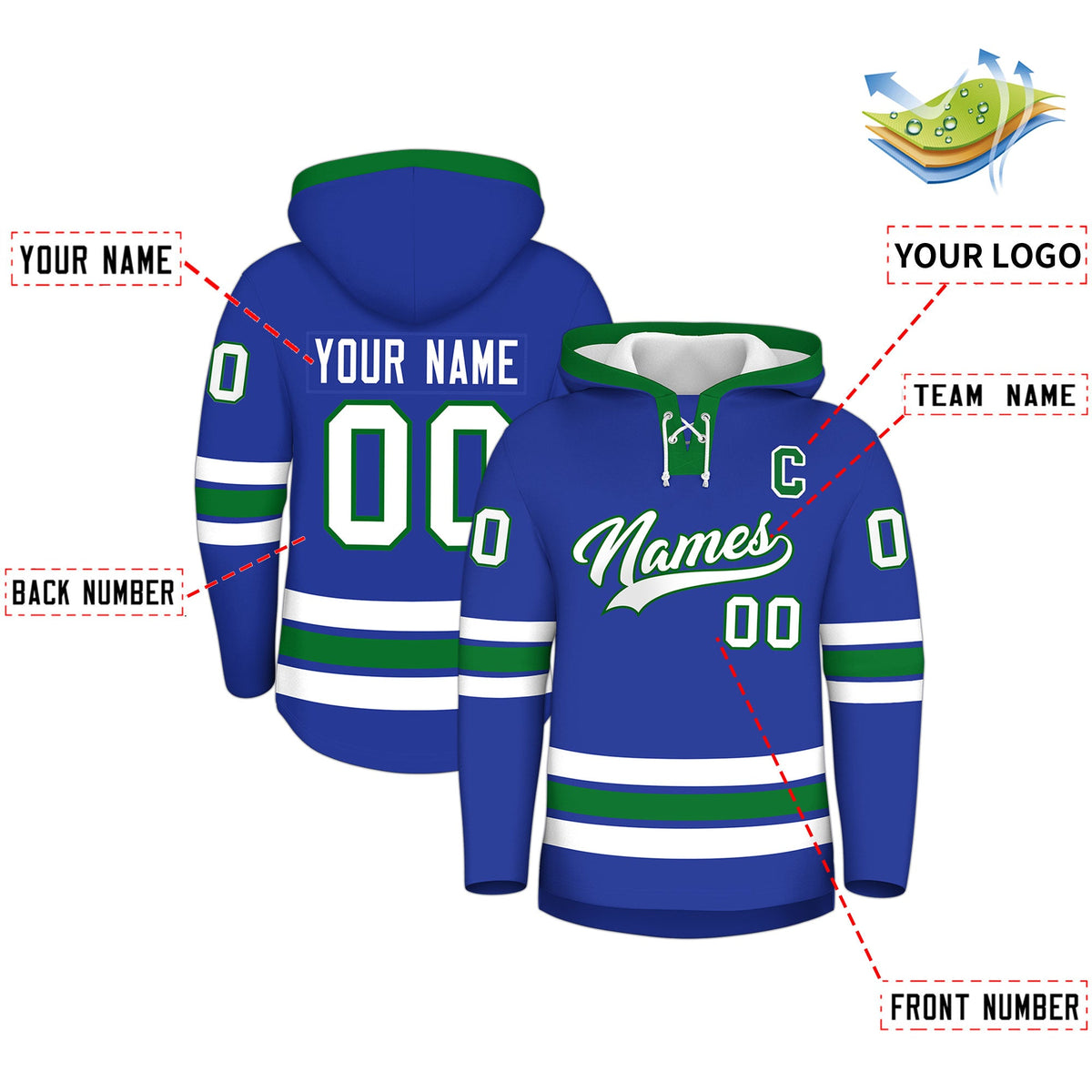 Custom Hockey Hoodie Jersey Royal Blue Kelly Green Classic Style for Men&amp;Youth