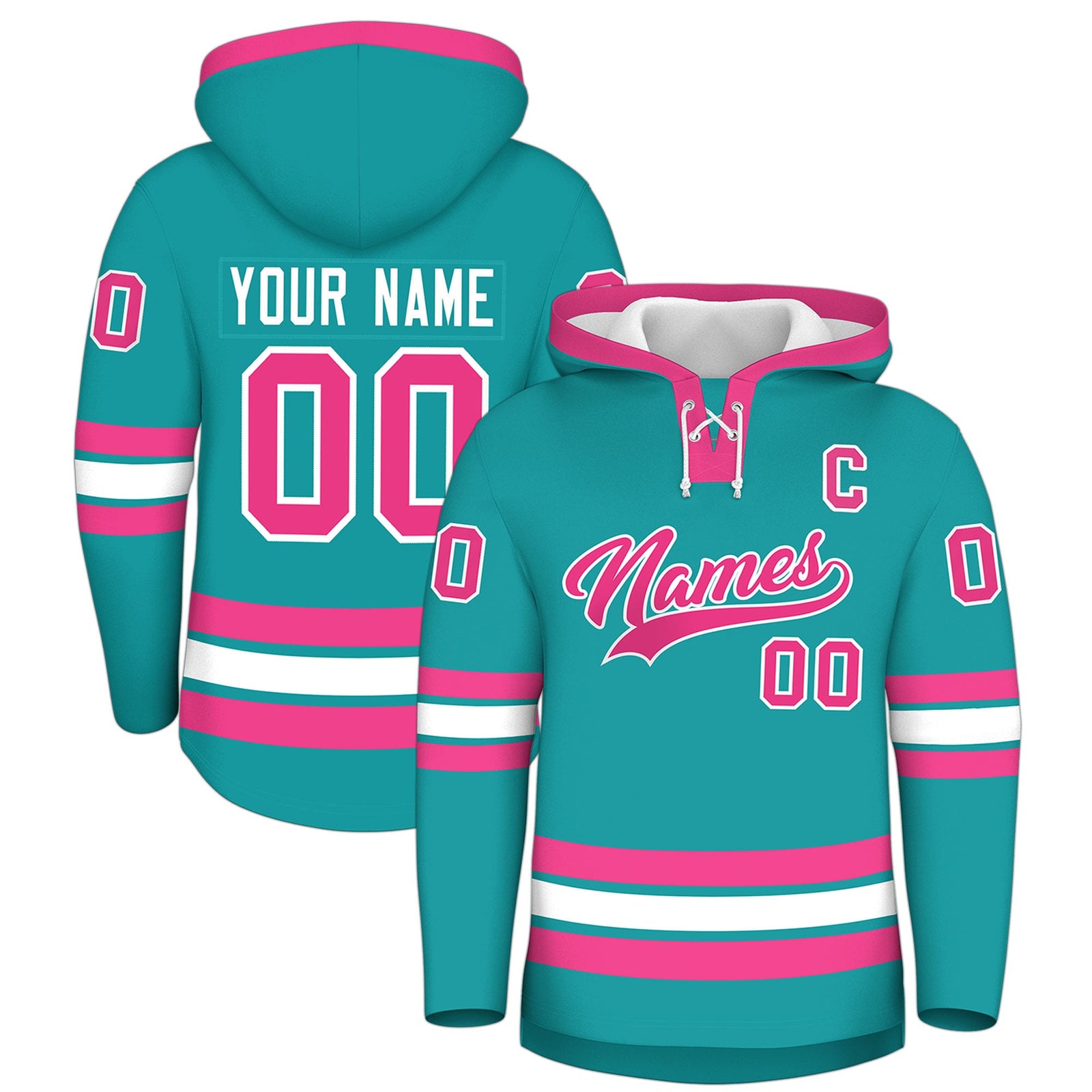 Custom Hockey Hoodie Jersey Aqua Pink Classic Style Add Name,Number & Logo