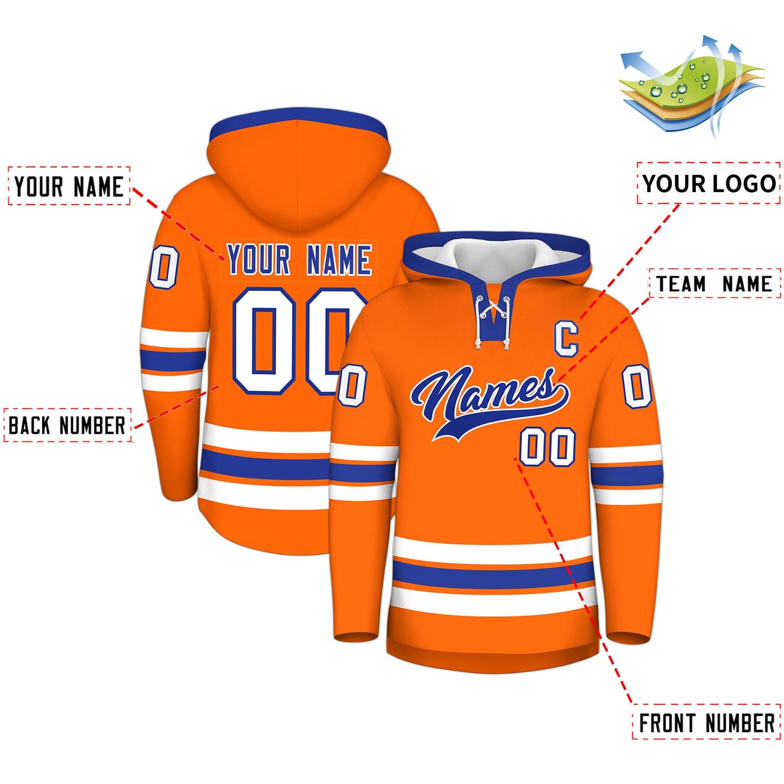 Custom Hockey Hoodie Jersey Orange Royal Blue Classic Style for Men&Youth