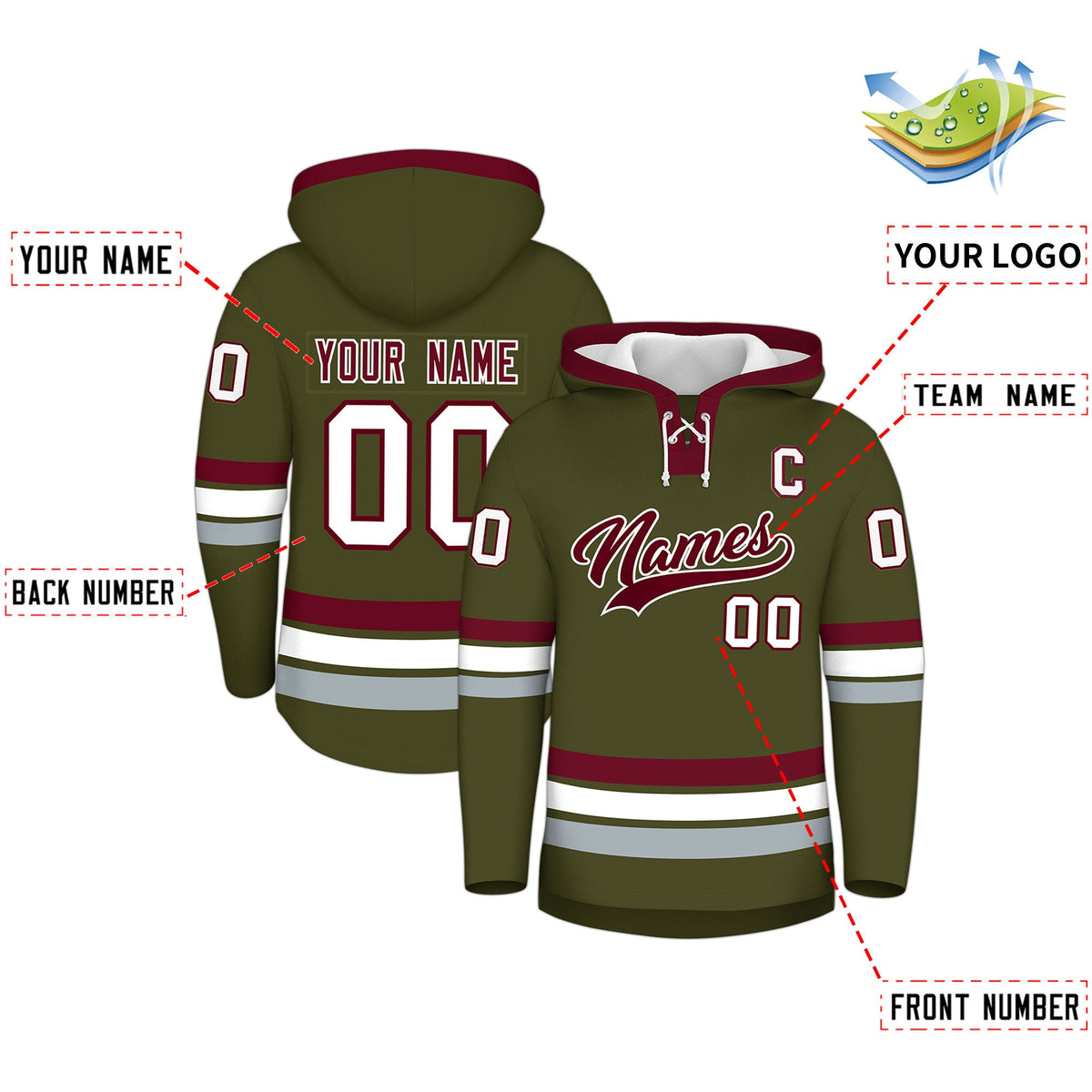 Custom Hockey Hoodie Jersey Olive Crimson Classic Style Add Name,Number&amp;Logo