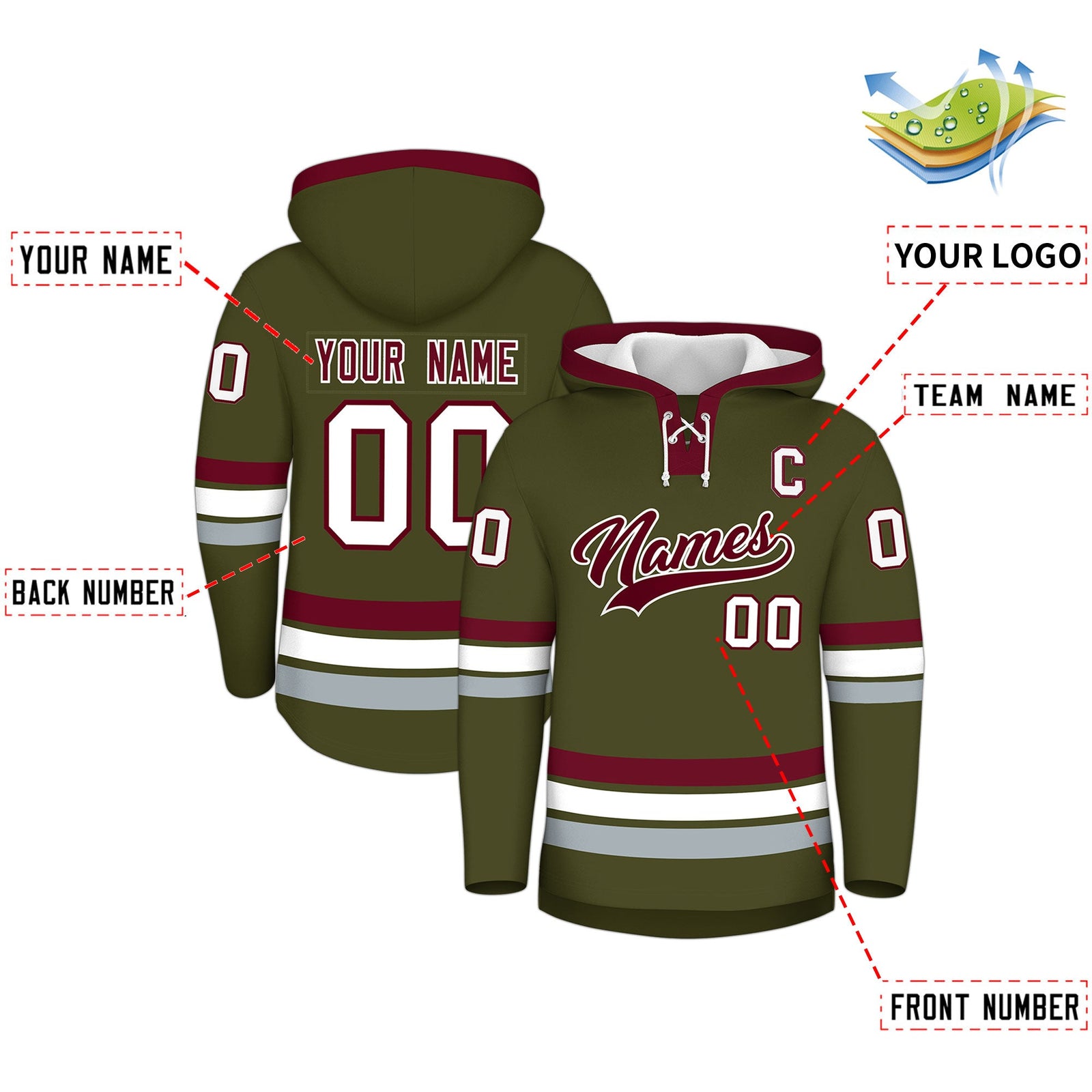 Custom Hockey Hoodie Jersey Olive Crimson Classic Style Add Name,Number&Logo