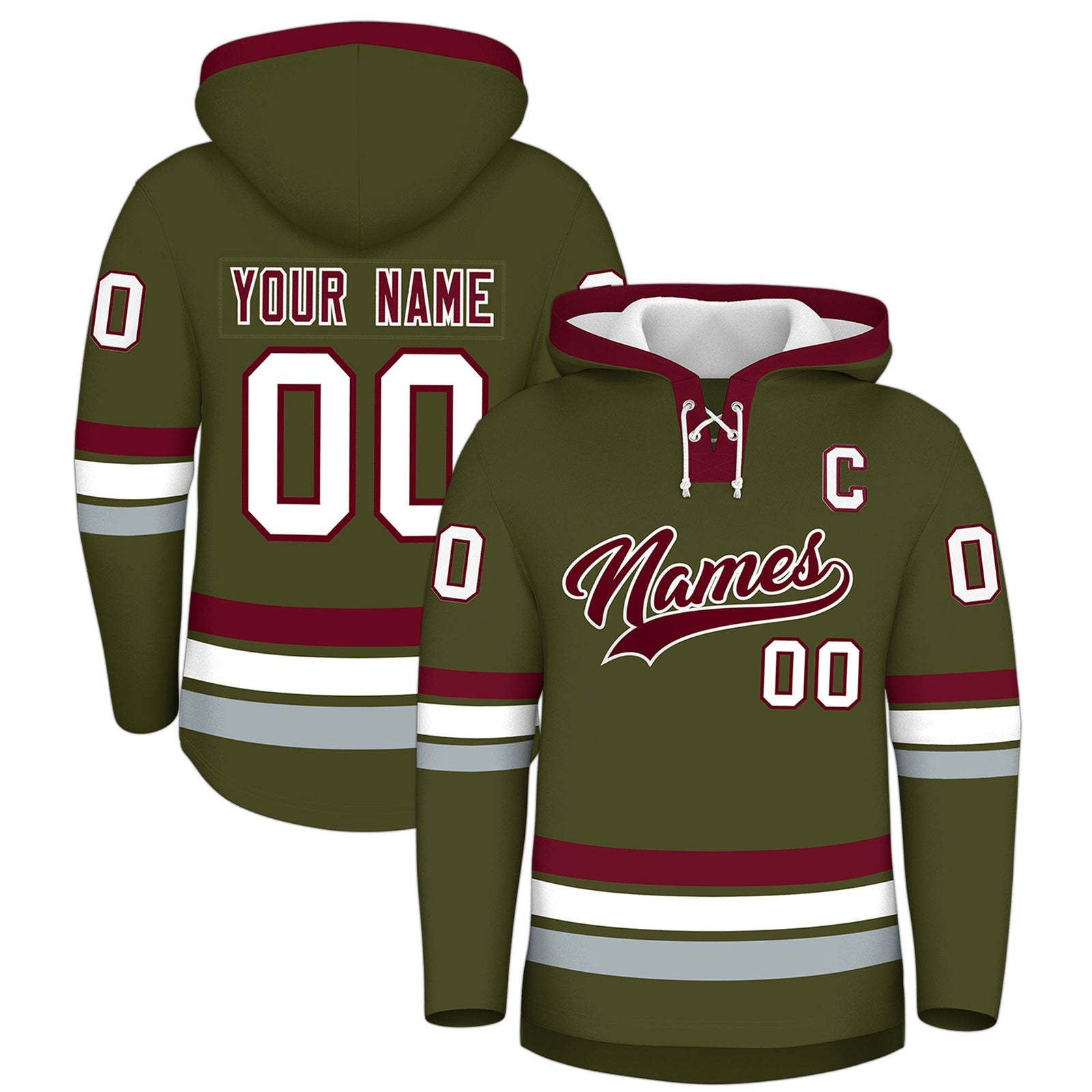 Custom Hockey Hoodie Jersey Olive Crimson Classic Style Add Name,Number&Logo