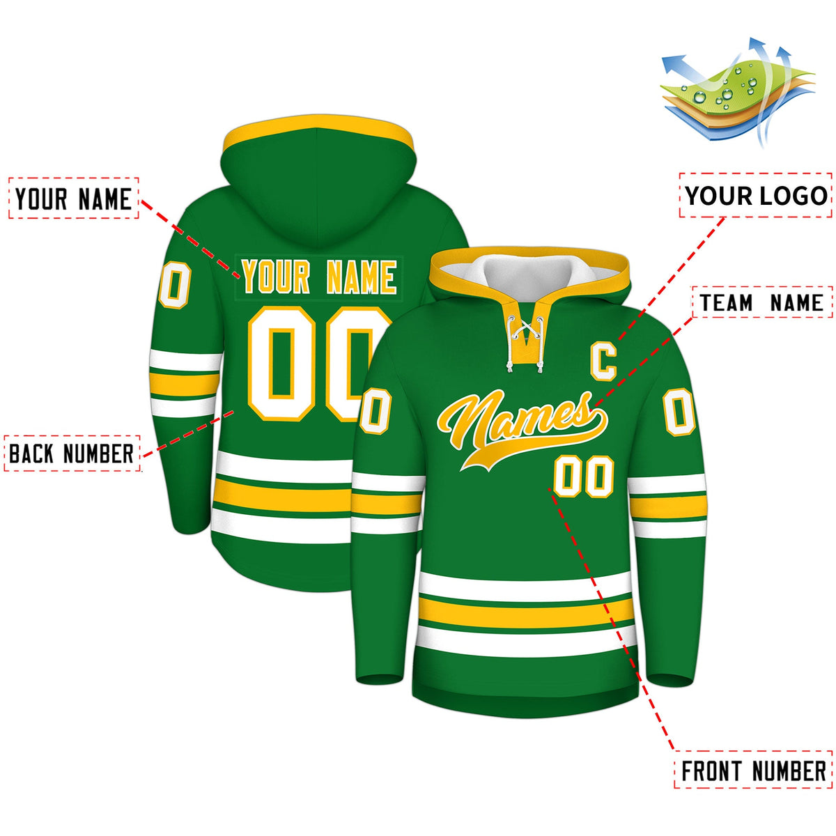 Custom Hockey Hoodie Jersey Kelly Green Gold Classic Style for Men&amp;Youth